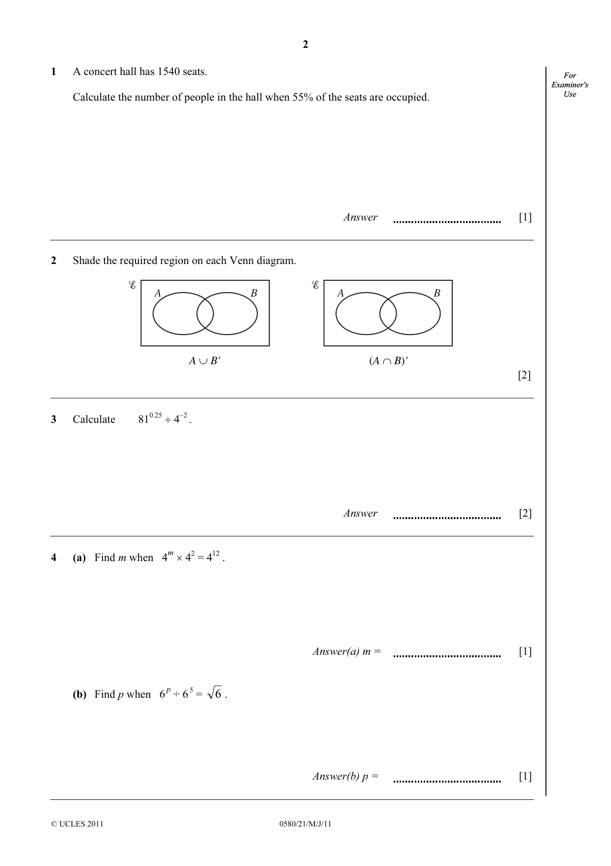 Cambridge IGCSE Mathematics 0580 2011 May/June Paper 2 · Variant 1 question paper, page 2 of 12