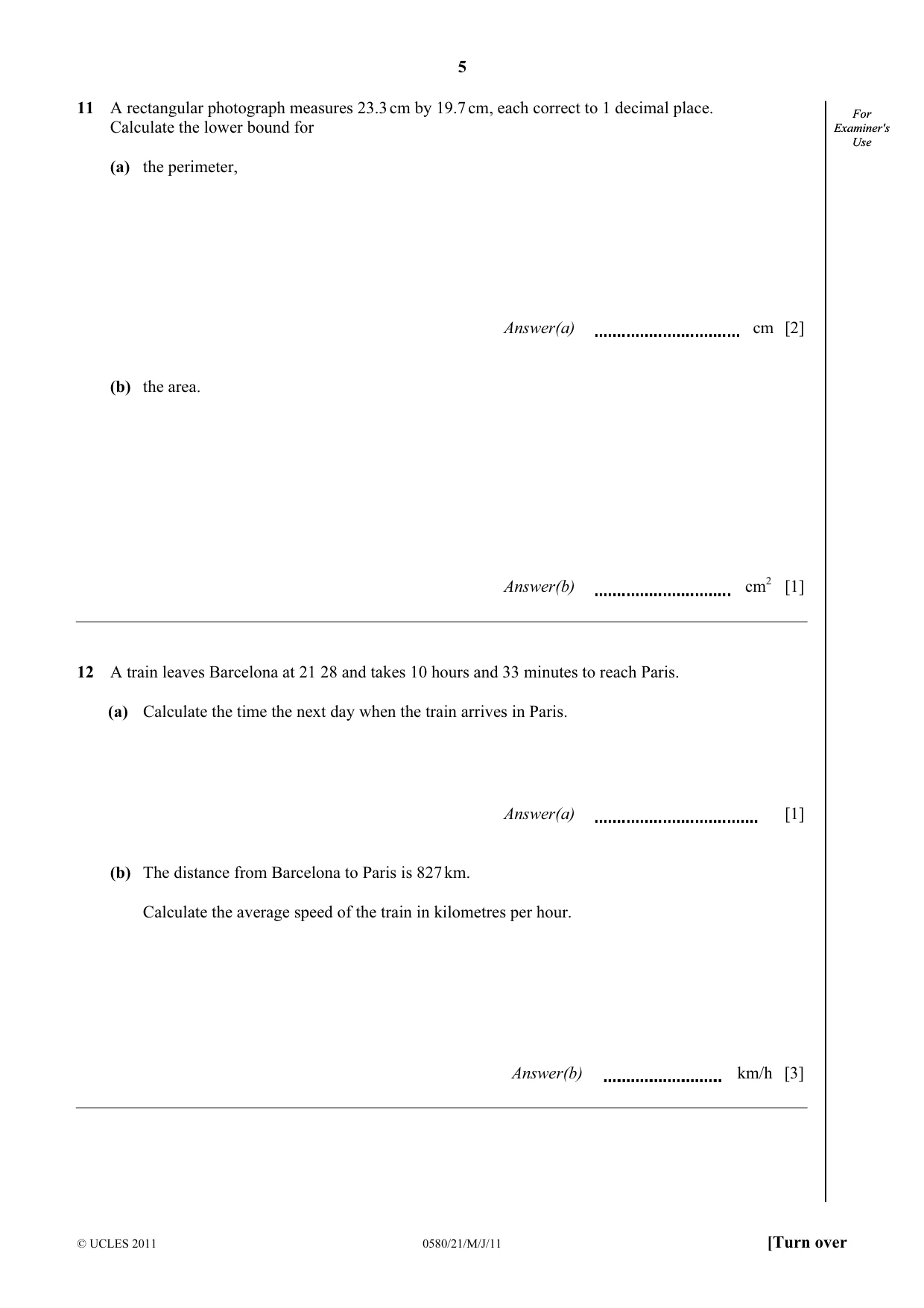 Cambridge IGCSE Mathematics 0580 2011 May/June Paper 2 · Variant 1 question paper, page 5 of 12