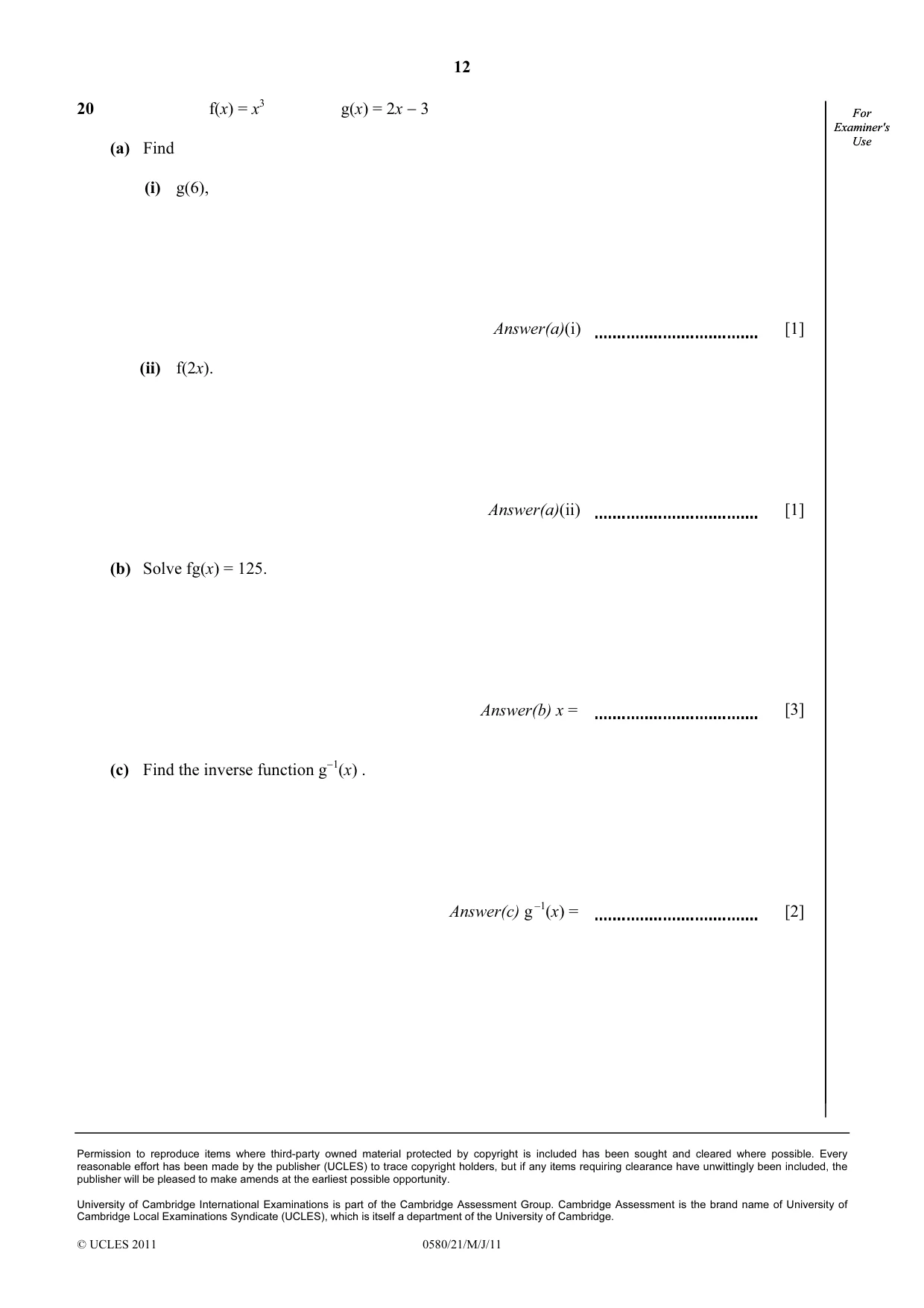 Cambridge IGCSE Mathematics 0580 2011 May/June Paper 2 · Variant 1 question paper, page 12 of 12