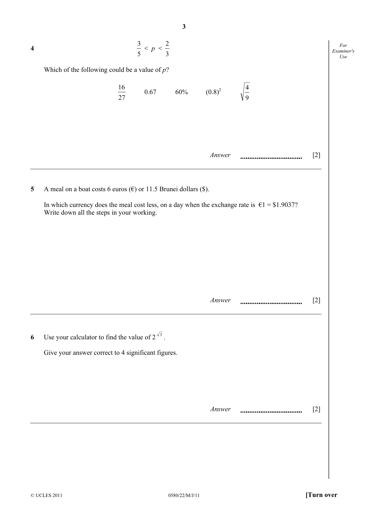 Cambridge IGCSE Mathematics 0580 2011 May/June Paper 2 · Variant 2 question paper, page 3 of 12