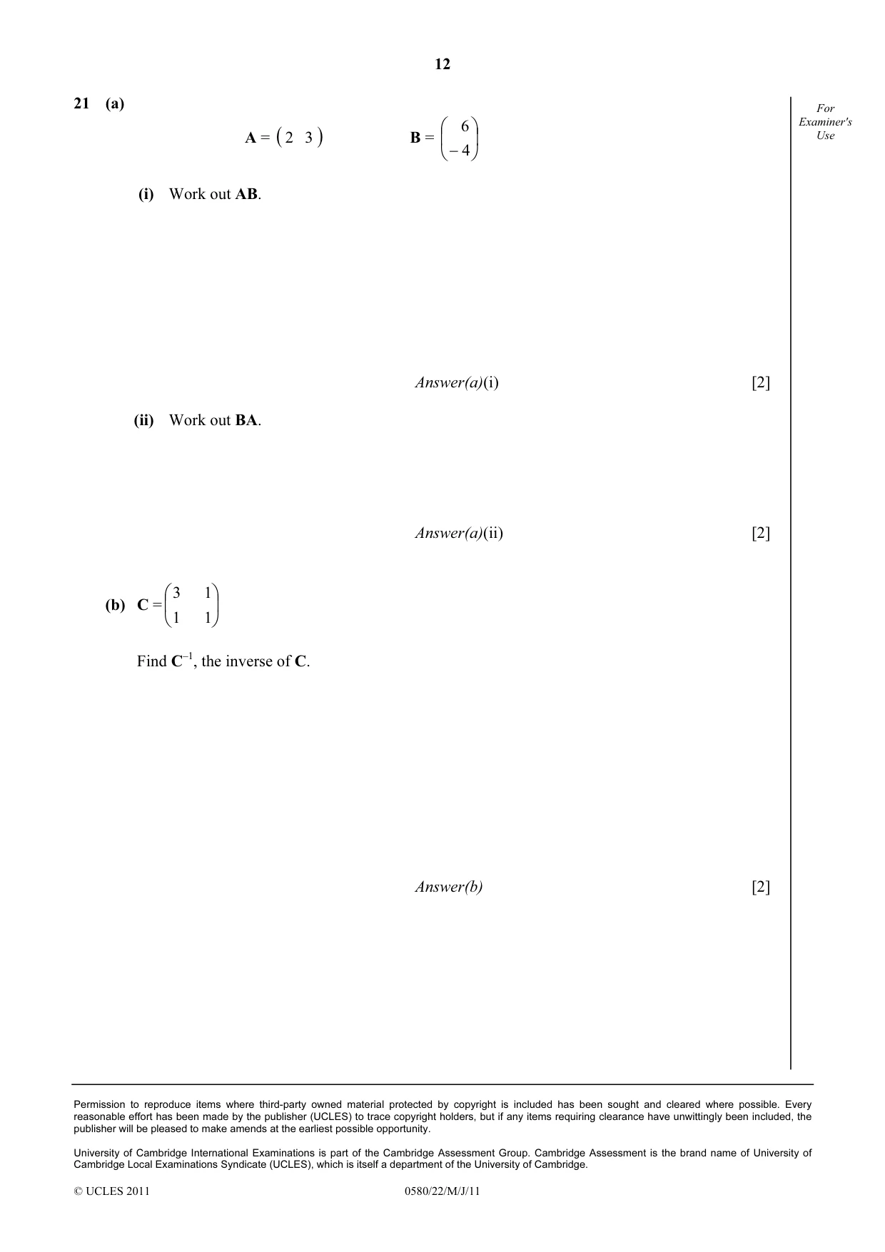 Cambridge IGCSE Mathematics 0580 2011 May/June Paper 2 · Variant 2 question paper, page 12 of 12