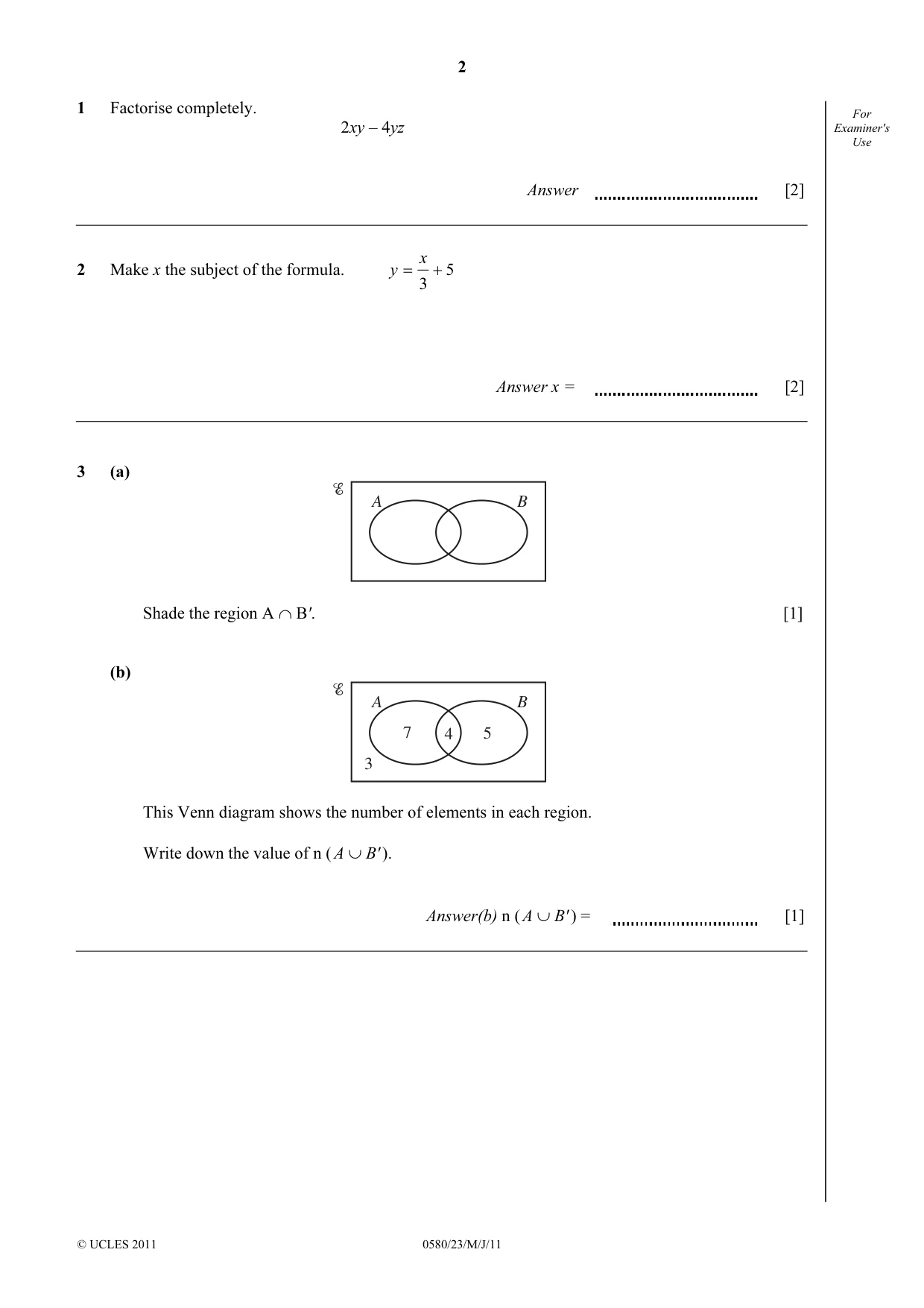 Cambridge IGCSE Mathematics 0580 2011 May/June Paper 2 · Variant 3 question paper, page 2 of 12
