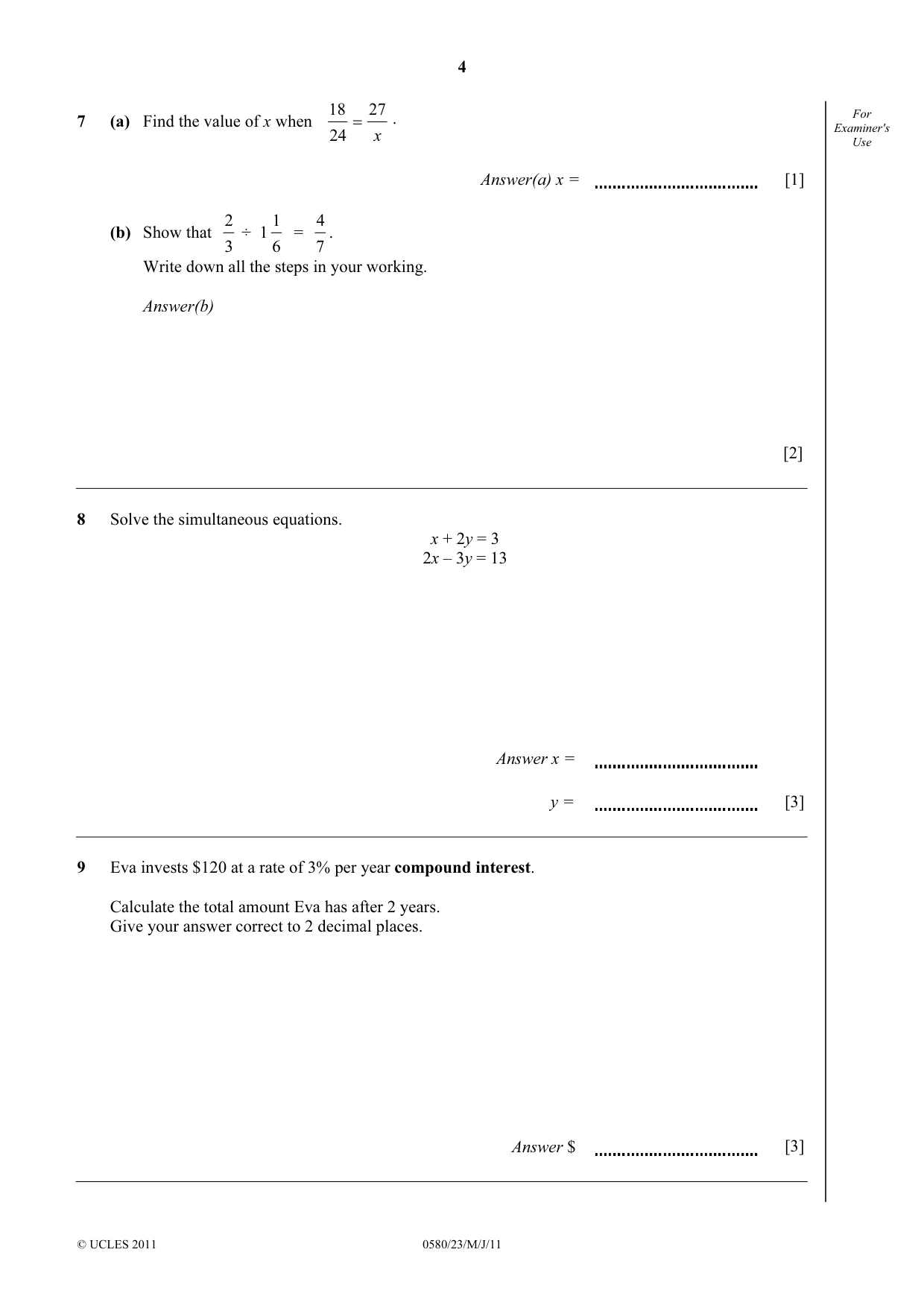 Cambridge IGCSE Mathematics 0580 2011 May/June Paper 2 · Variant 3 question paper, page 4 of 12