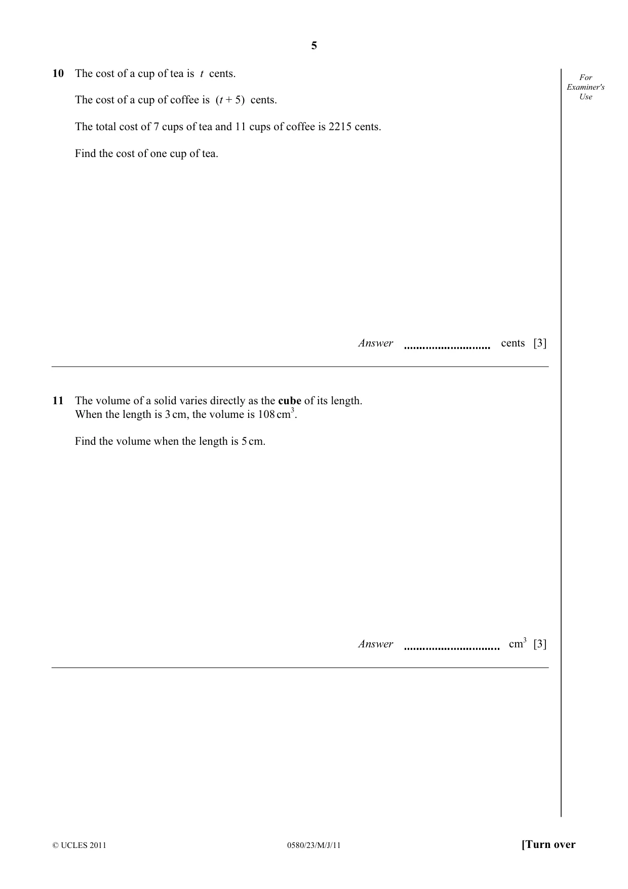 Cambridge IGCSE Mathematics 0580 2011 May/June Paper 2 · Variant 3 question paper, page 5 of 12