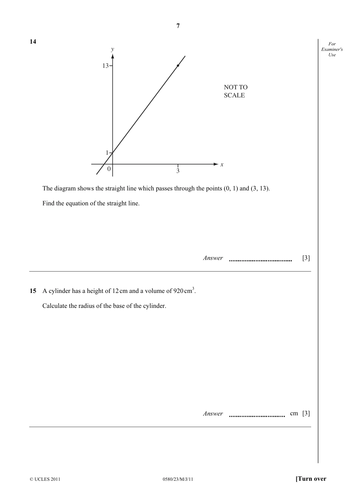 Cambridge IGCSE Mathematics 0580 2011 May/June Paper 2 · Variant 3 question paper, page 7 of 12