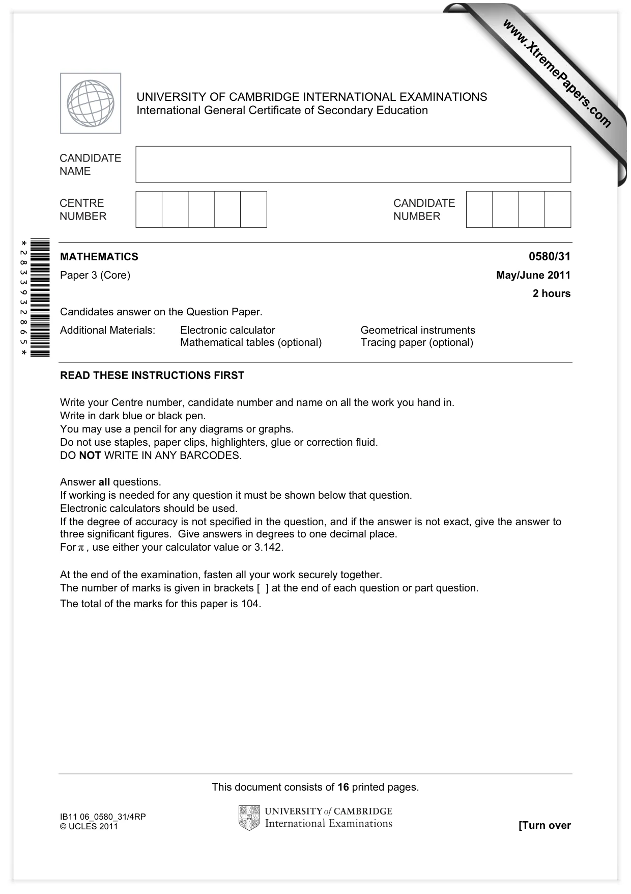 Cambridge IGCSE Mathematics 0580 2011 May/June Paper 3 · Variant 1 question paper, page 1 of 16