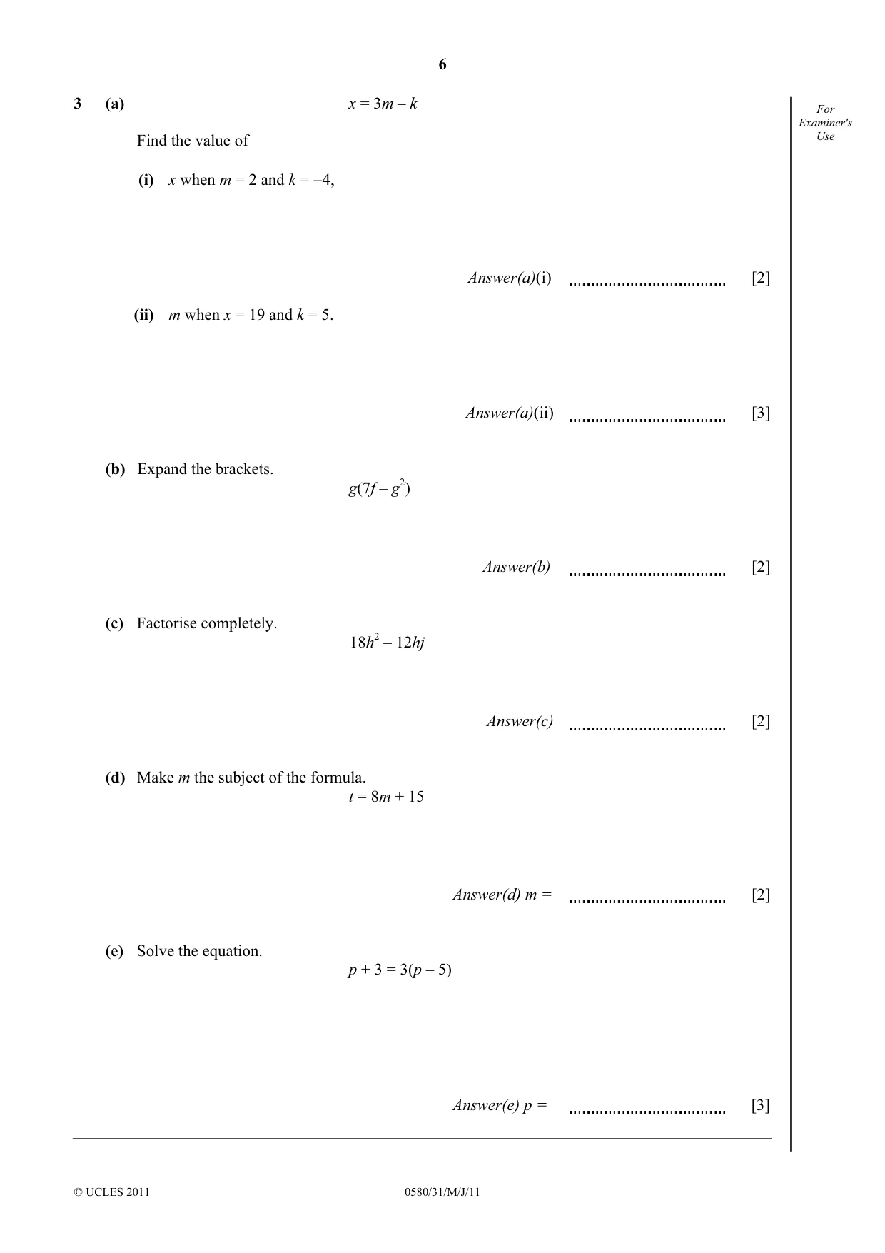 Cambridge IGCSE Mathematics 0580 2011 May/June Paper 3 · Variant 1 question paper, page 6 of 16