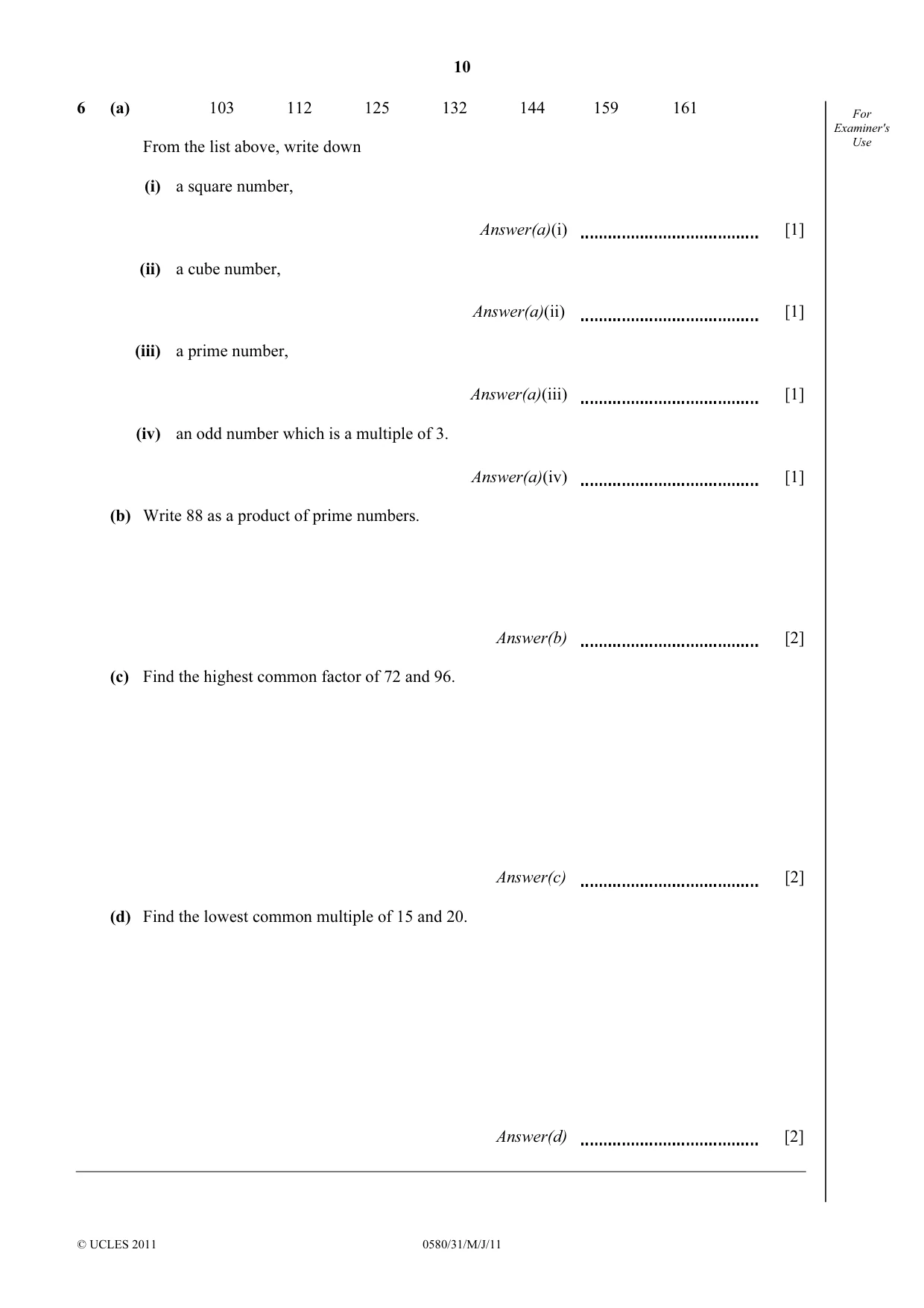 Cambridge IGCSE Mathematics 0580 2011 May/June Paper 3 · Variant 1 question paper, page 10 of 16
