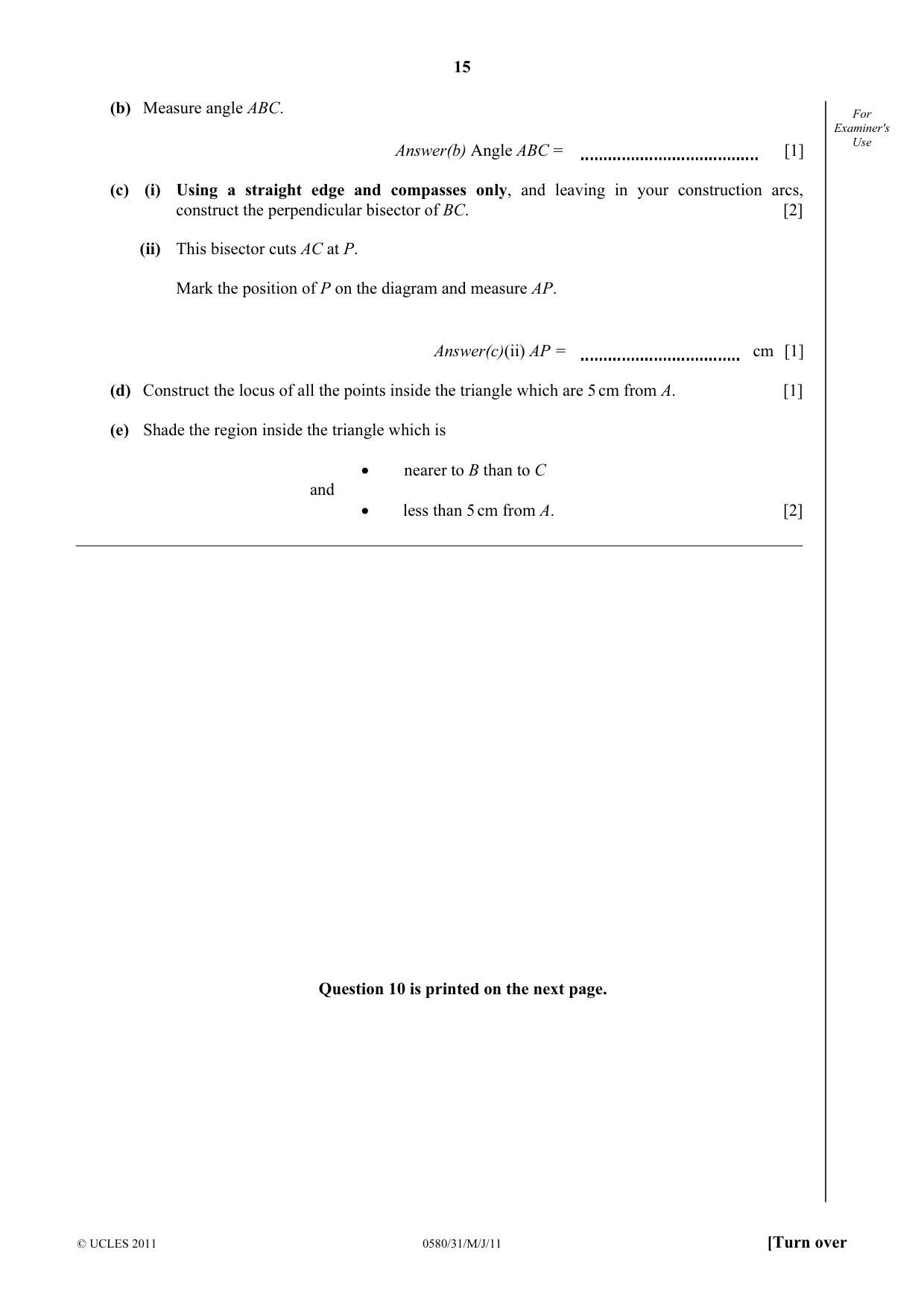Cambridge IGCSE Mathematics 0580 2011 May/June Paper 3 · Variant 1 question paper, page 15 of 16