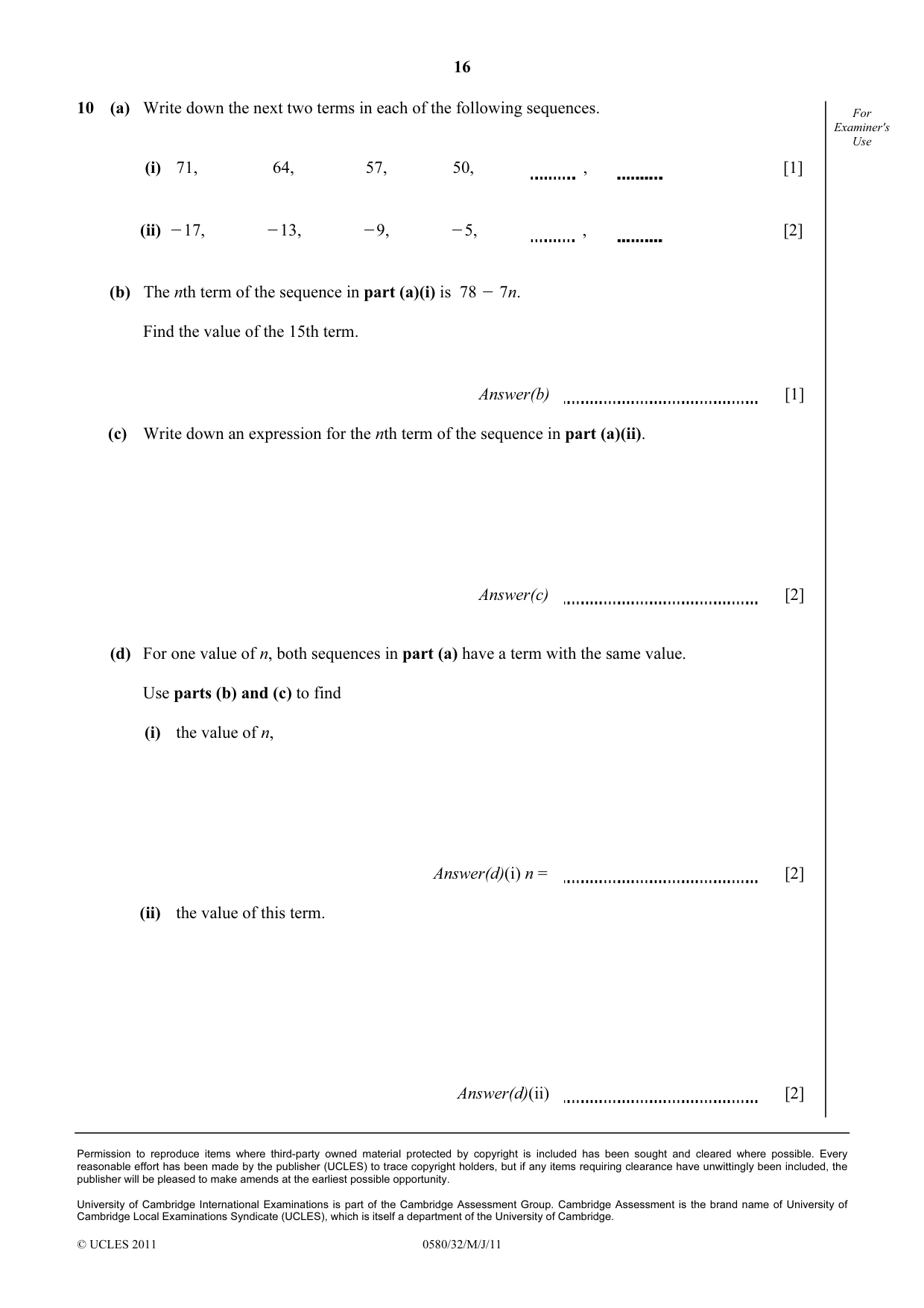 Cambridge IGCSE Mathematics 0580 2011 May/June Paper 3 · Variant 2 question paper, page 16 of 16