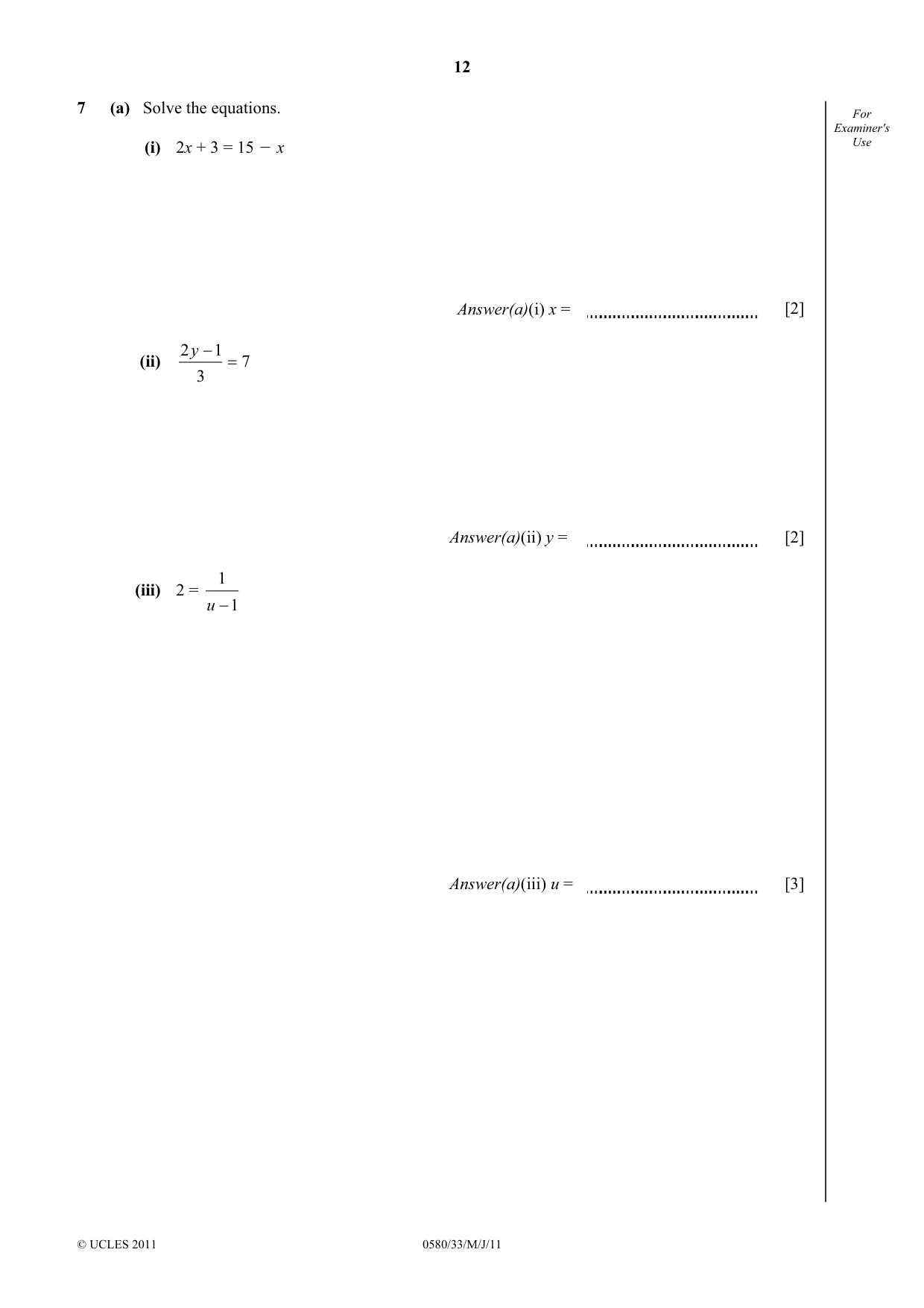 Cambridge IGCSE Mathematics 0580 2011 May/June Paper 3 · Variant 3 question paper, page 12 of 16