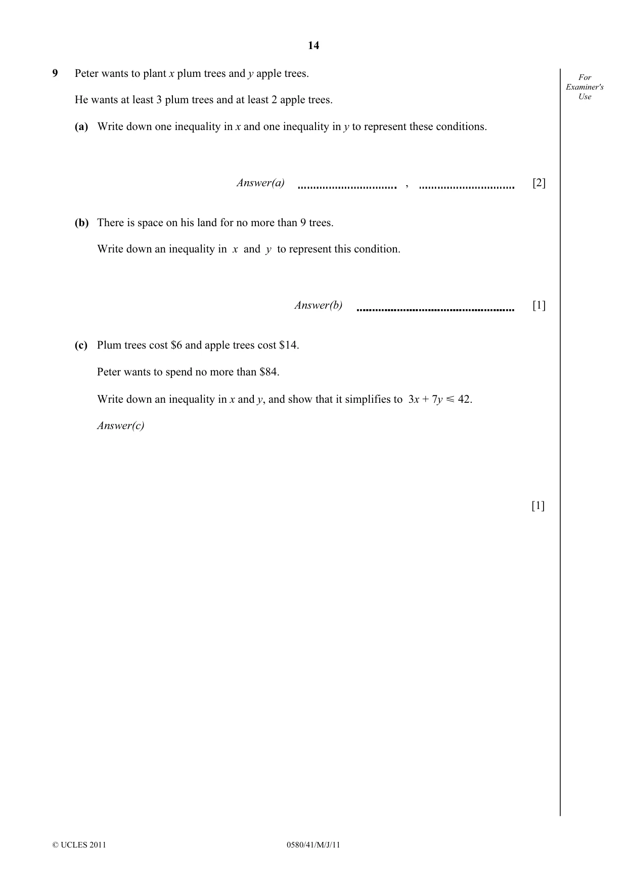 Cambridge IGCSE Mathematics 0580 2011 May/June Paper 4 · Variant 1 question paper, page 14 of 16