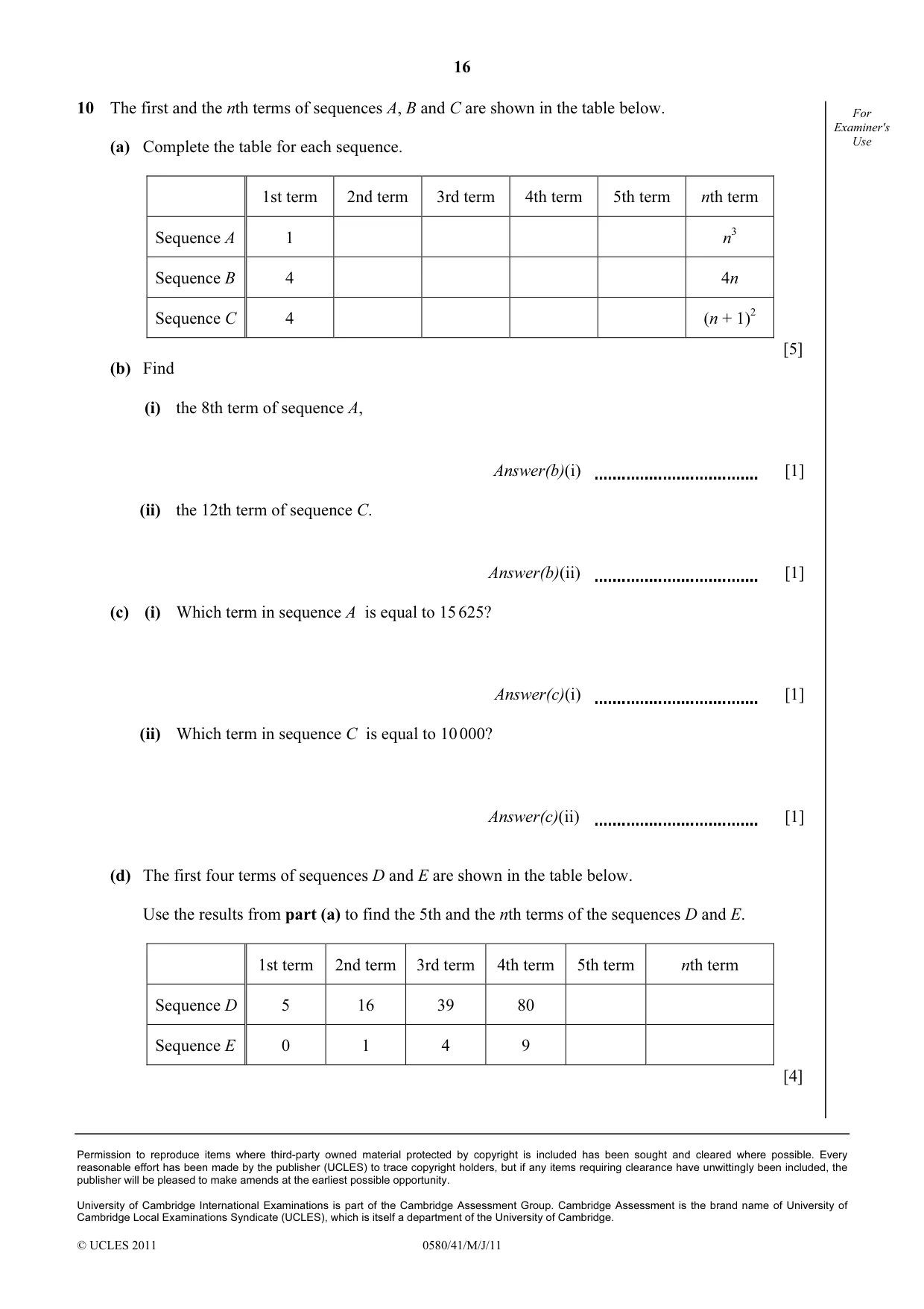 Cambridge IGCSE Mathematics 0580 2011 May/June Paper 4 · Variant 1 question paper, page 16 of 16