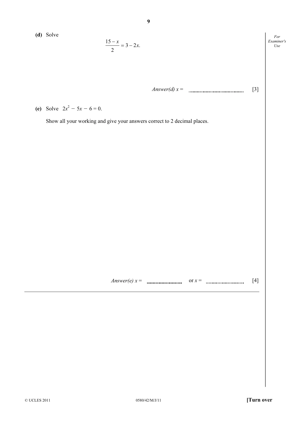 Cambridge IGCSE Mathematics 0580 2011 May/June Paper 4 · Variant 2 question paper, page 9 of 16