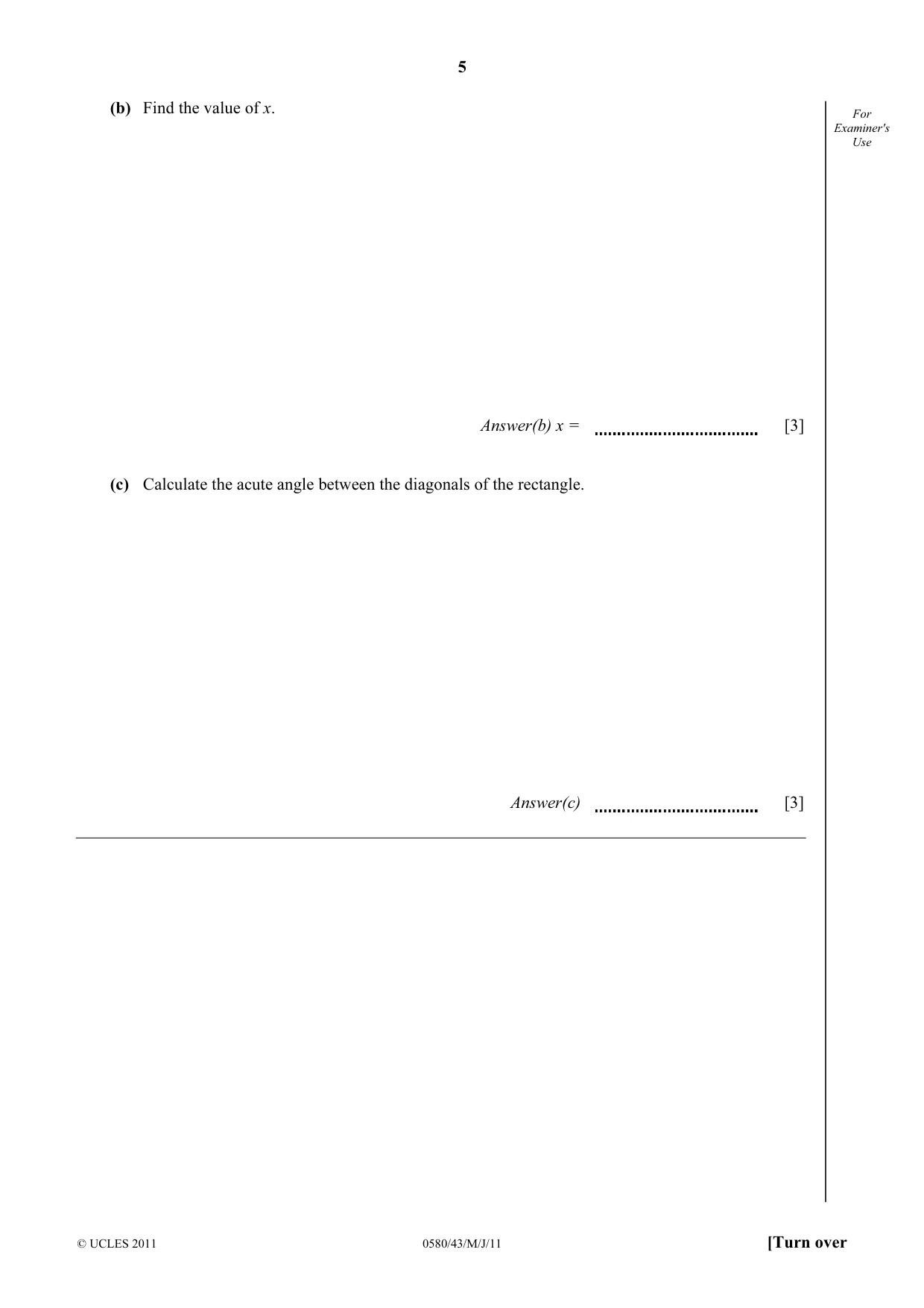 Cambridge IGCSE Mathematics 0580 2011 May/June Paper 4 · Variant 3 question paper, page 5 of 20