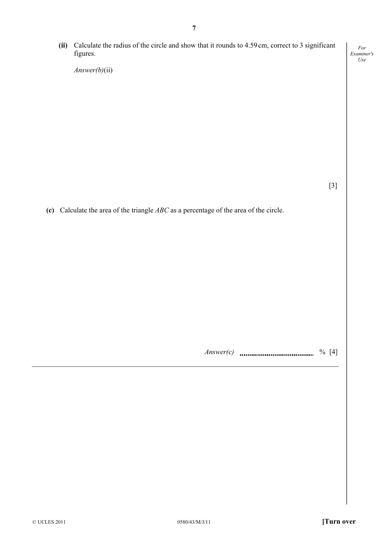Cambridge IGCSE Mathematics 0580 2011 May/June Paper 4 · Variant 3 question paper, page 7 of 20