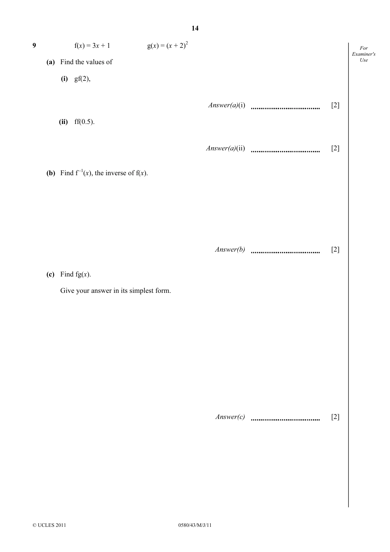 Cambridge IGCSE Mathematics 0580 2011 May/June Paper 4 · Variant 3 question paper, page 14 of 20