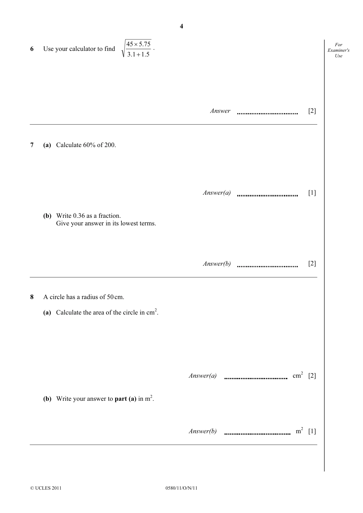 Cambridge IGCSE Mathematics 0580 2011 Oct/Nov Paper 1 · Variant 1 question paper, page 4 of 12