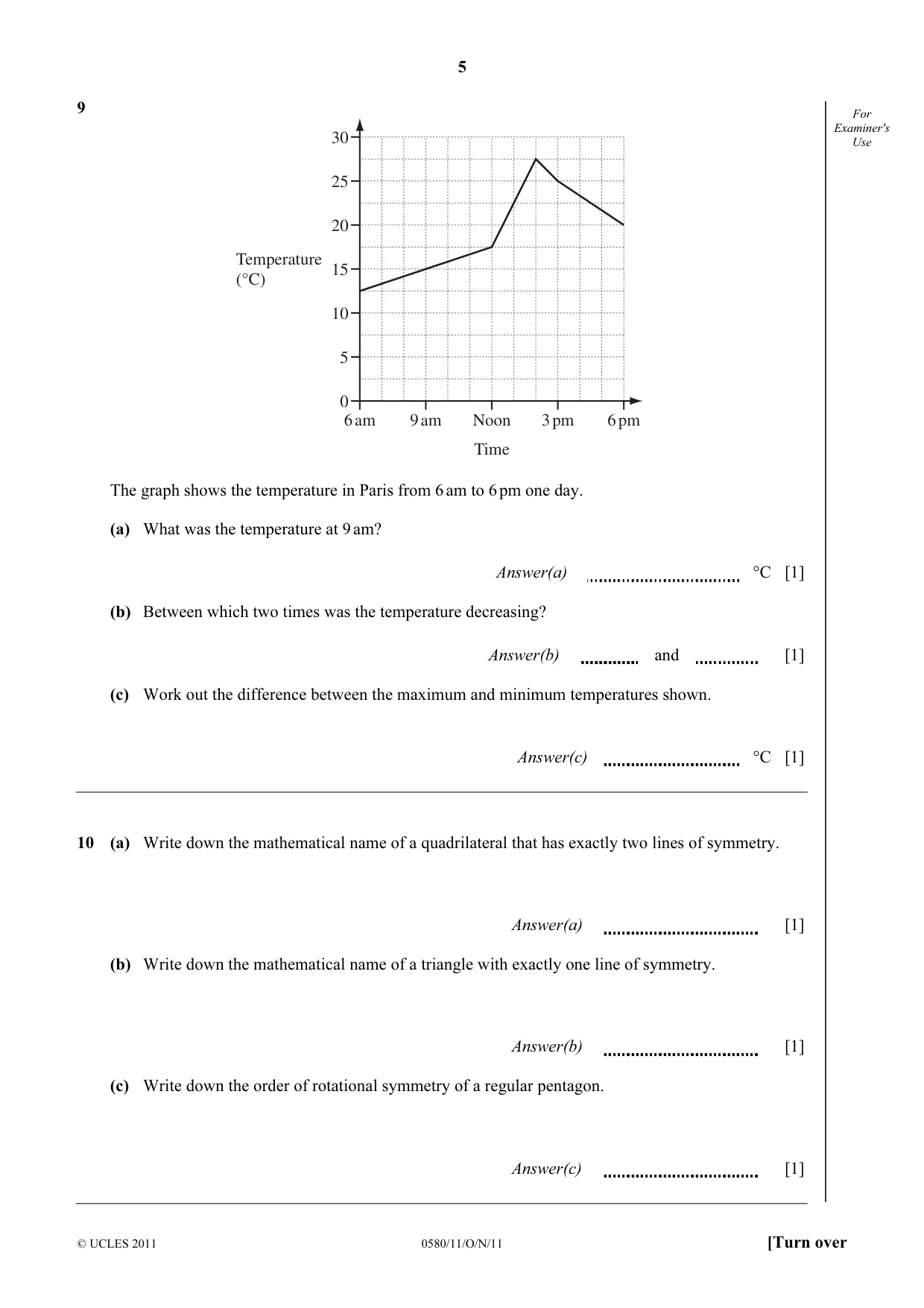 Cambridge IGCSE Mathematics 0580 2011 Oct/Nov Paper 1 · Variant 1 question paper, page 5 of 12