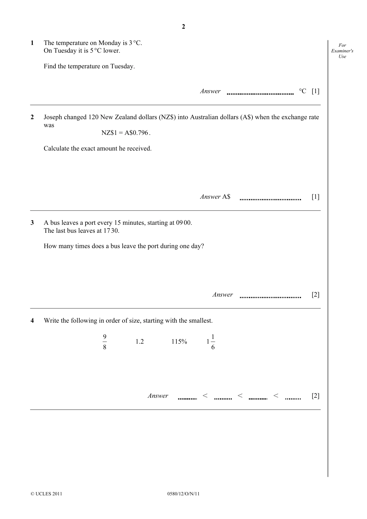 Cambridge IGCSE Mathematics 0580 2011 Oct/Nov Paper 1 · Variant 2 question paper, page 2 of 12