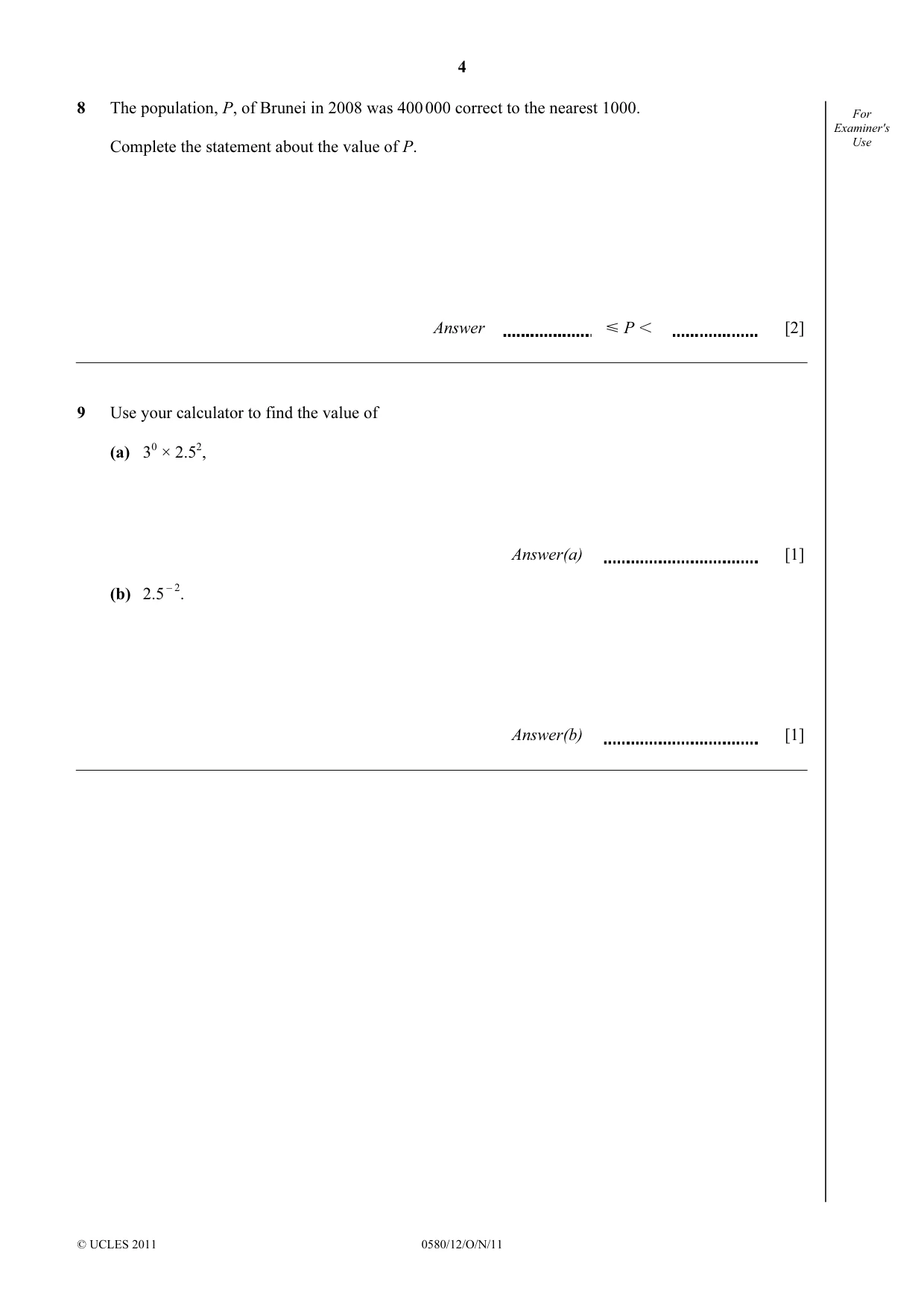 Cambridge IGCSE Mathematics 0580 2011 Oct/Nov Paper 1 · Variant 2 question paper, page 4 of 12