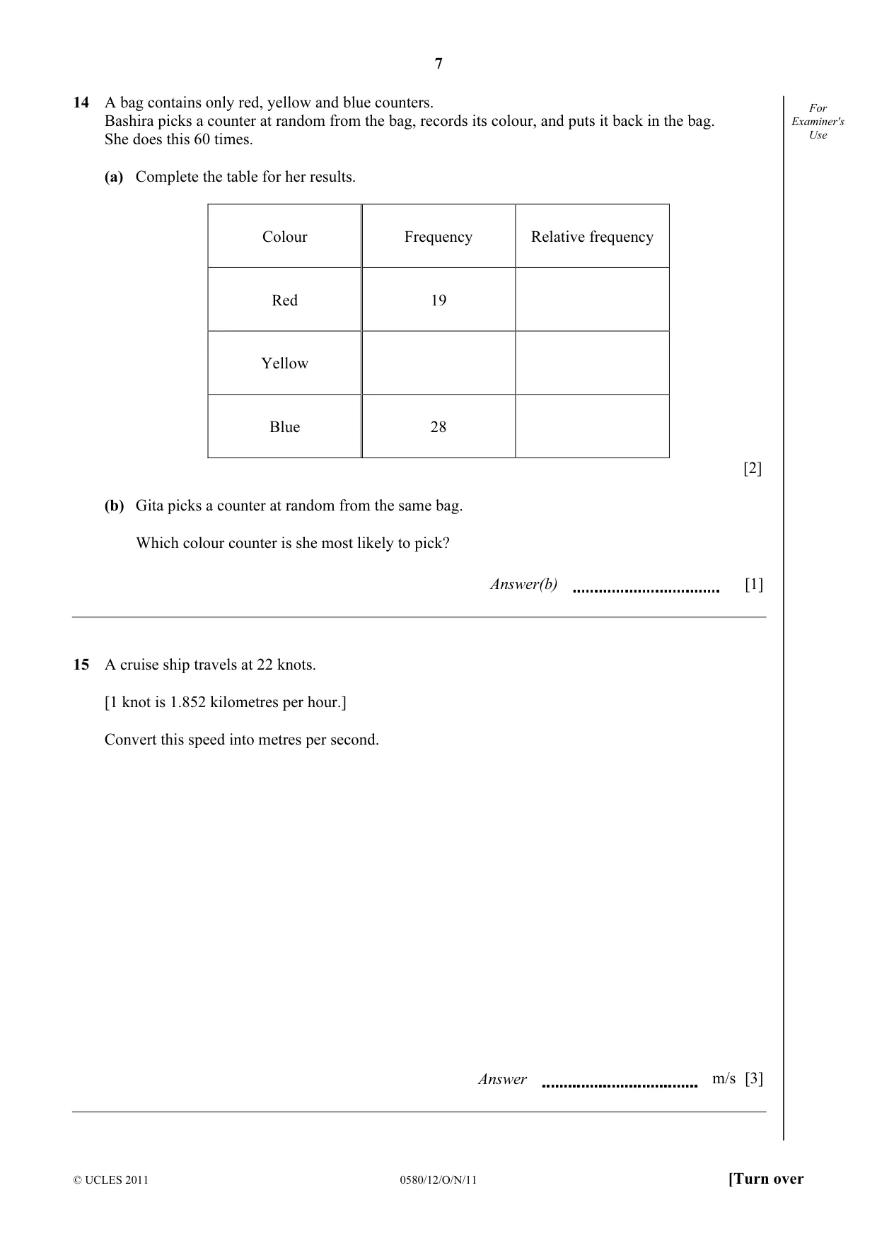 Cambridge IGCSE Mathematics 0580 2011 Oct/Nov Paper 1 · Variant 2 question paper, page 7 of 12