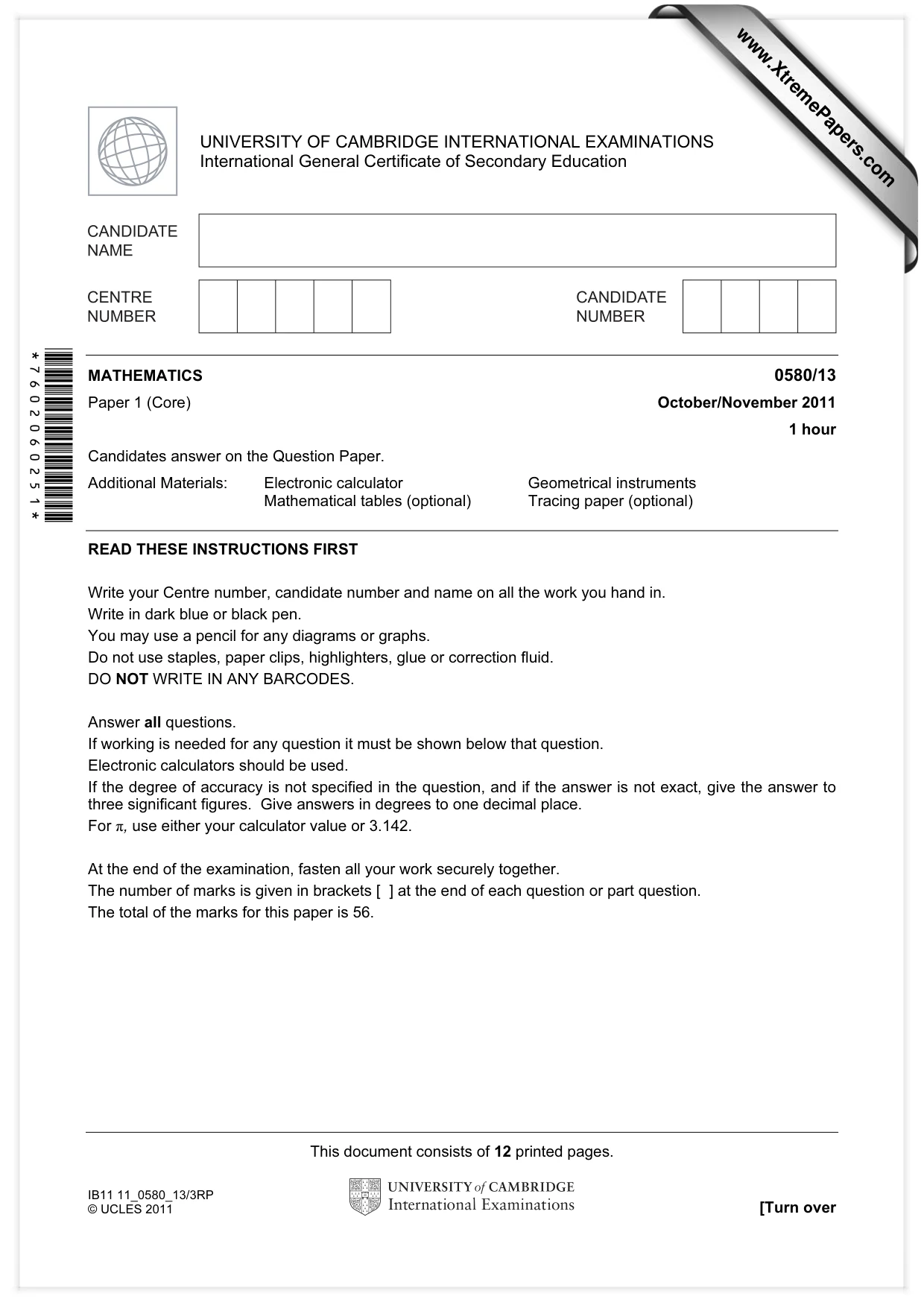 Cambridge IGCSE Mathematics 0580 2011 Oct/Nov Paper 1 · Variant 3 question paper, page 1 of 12