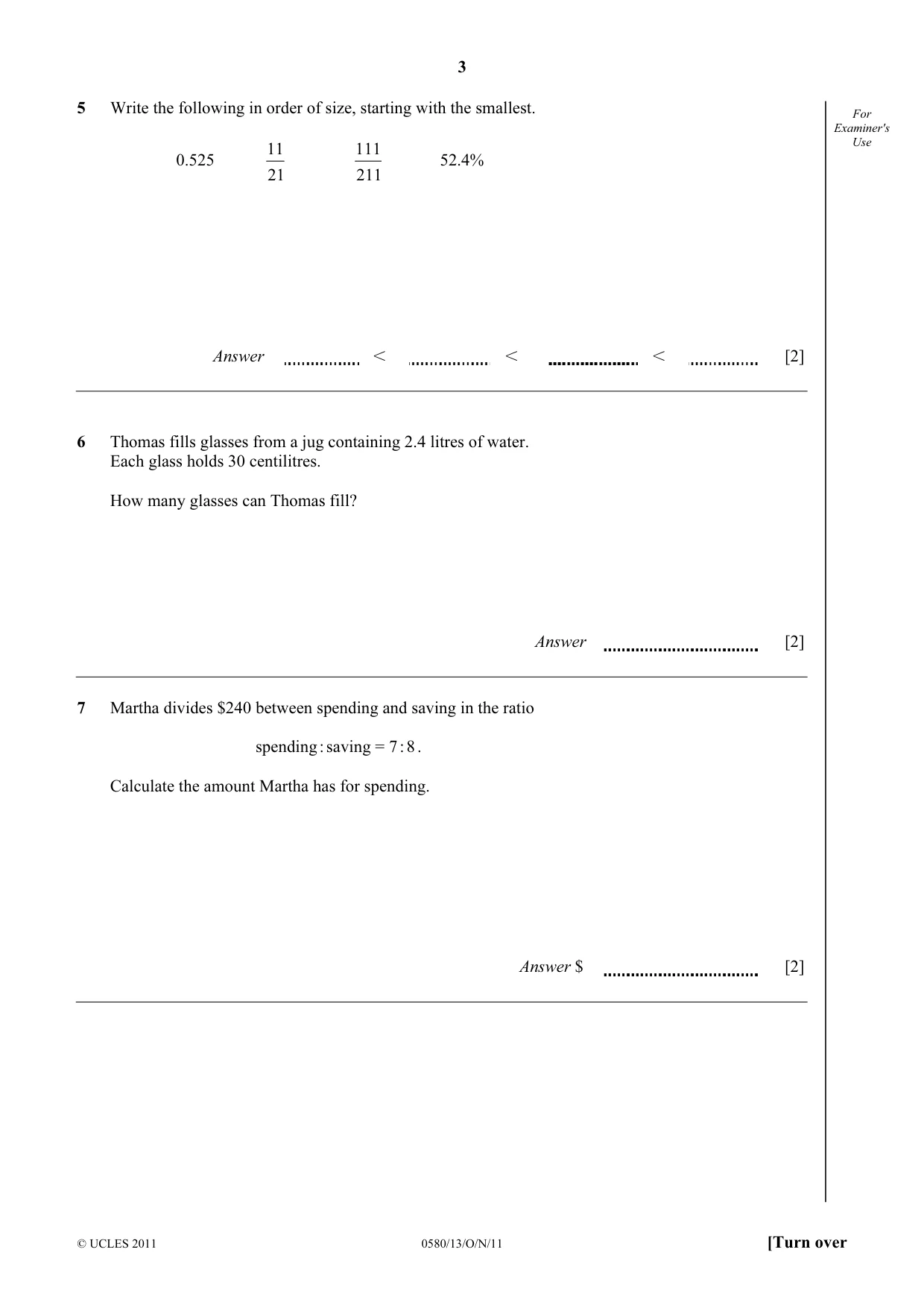 Cambridge IGCSE Mathematics 0580 2011 Oct/Nov Paper 1 · Variant 3 question paper, page 3 of 12