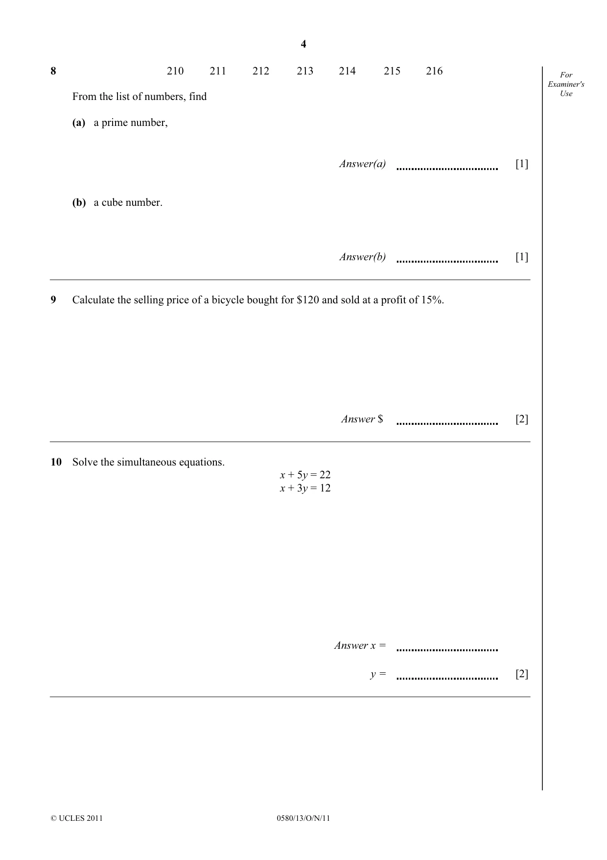 Cambridge IGCSE Mathematics 0580 2011 Oct/Nov Paper 1 · Variant 3 question paper, page 4 of 12