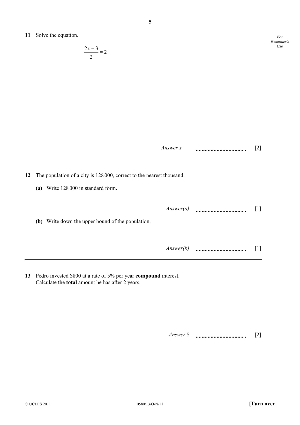 Cambridge IGCSE Mathematics 0580 2011 Oct/Nov Paper 1 · Variant 3 question paper, page 5 of 12