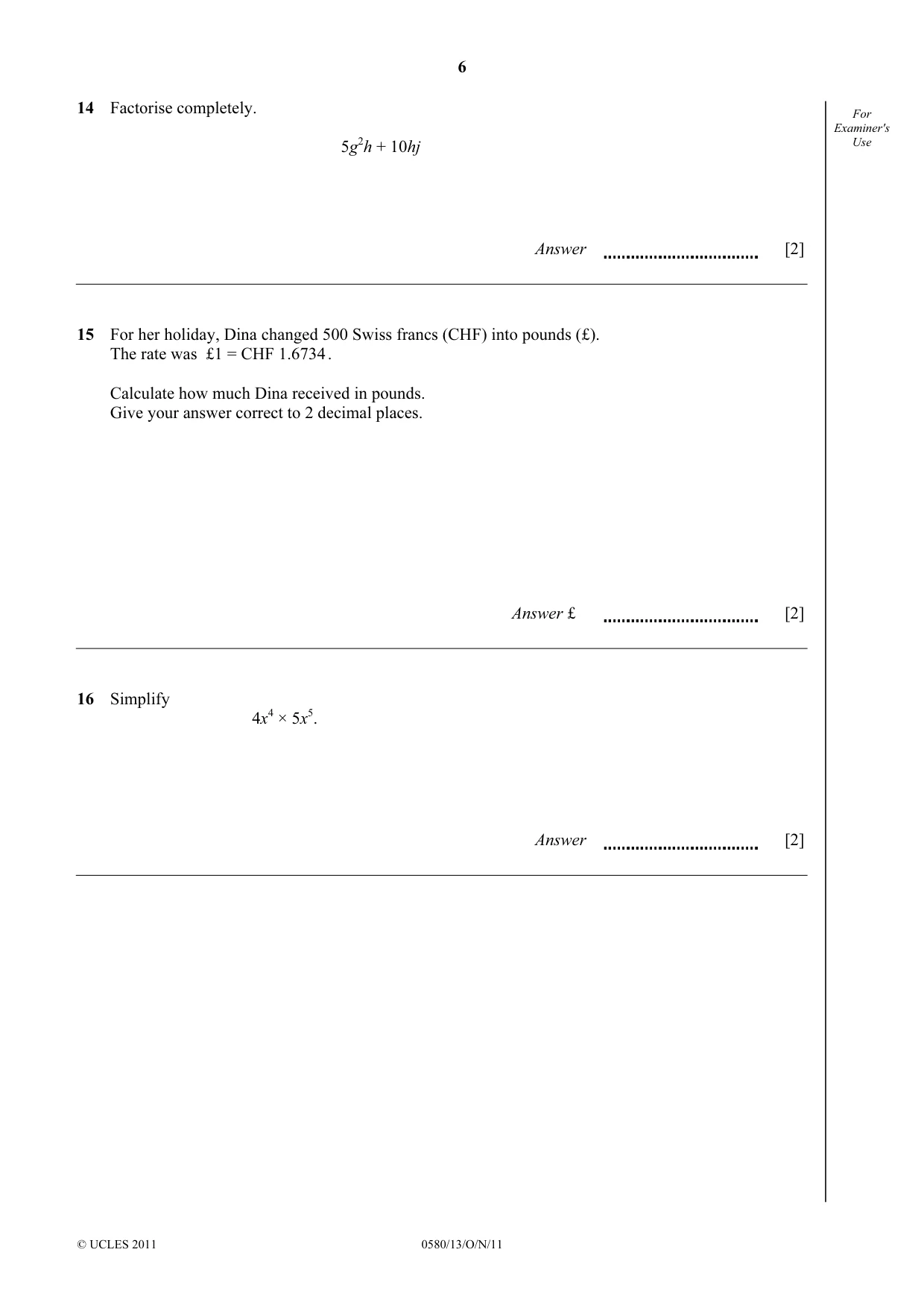 Cambridge IGCSE Mathematics 0580 2011 Oct/Nov Paper 1 · Variant 3 question paper, page 6 of 12
