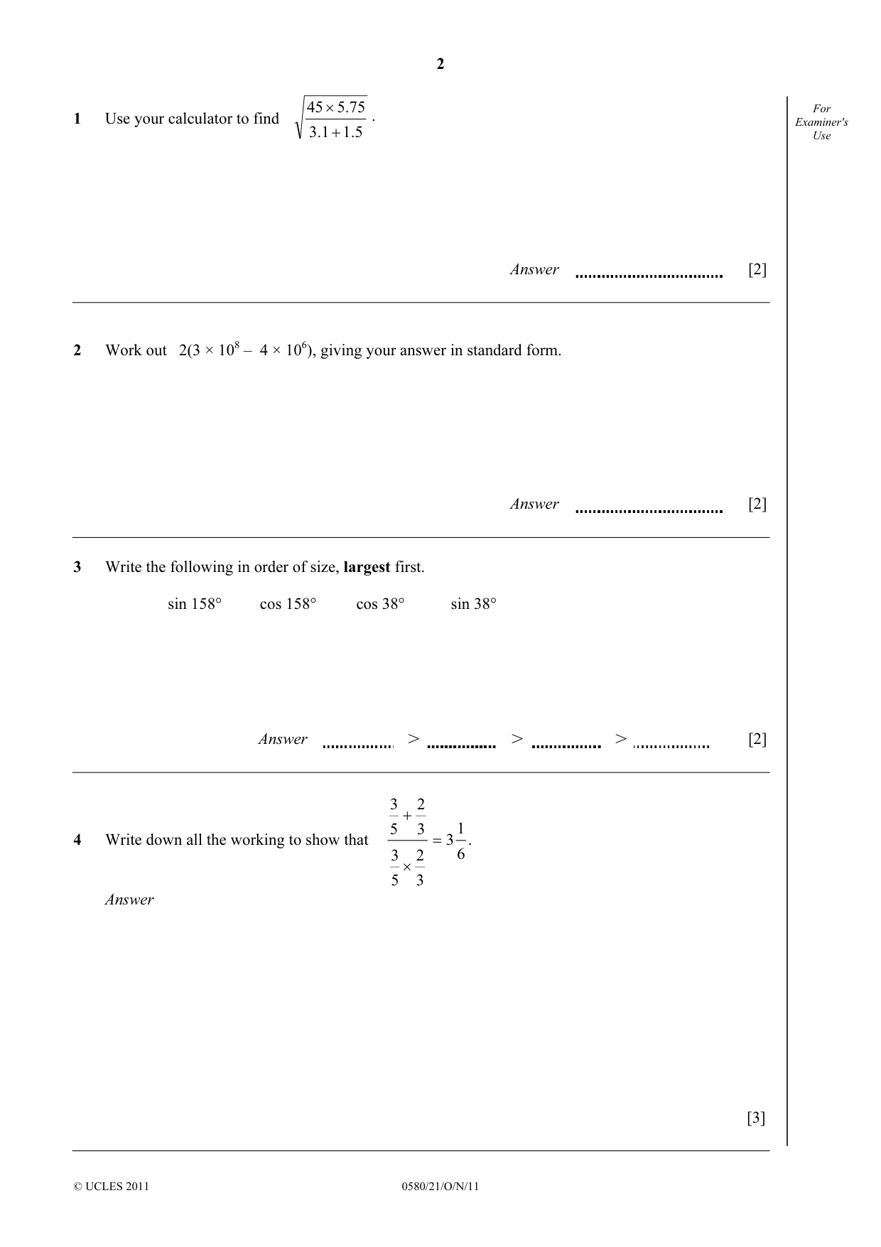 Cambridge IGCSE Mathematics 0580 2011 Oct/Nov Paper 2 · Variant 1 question paper, page 2 of 12