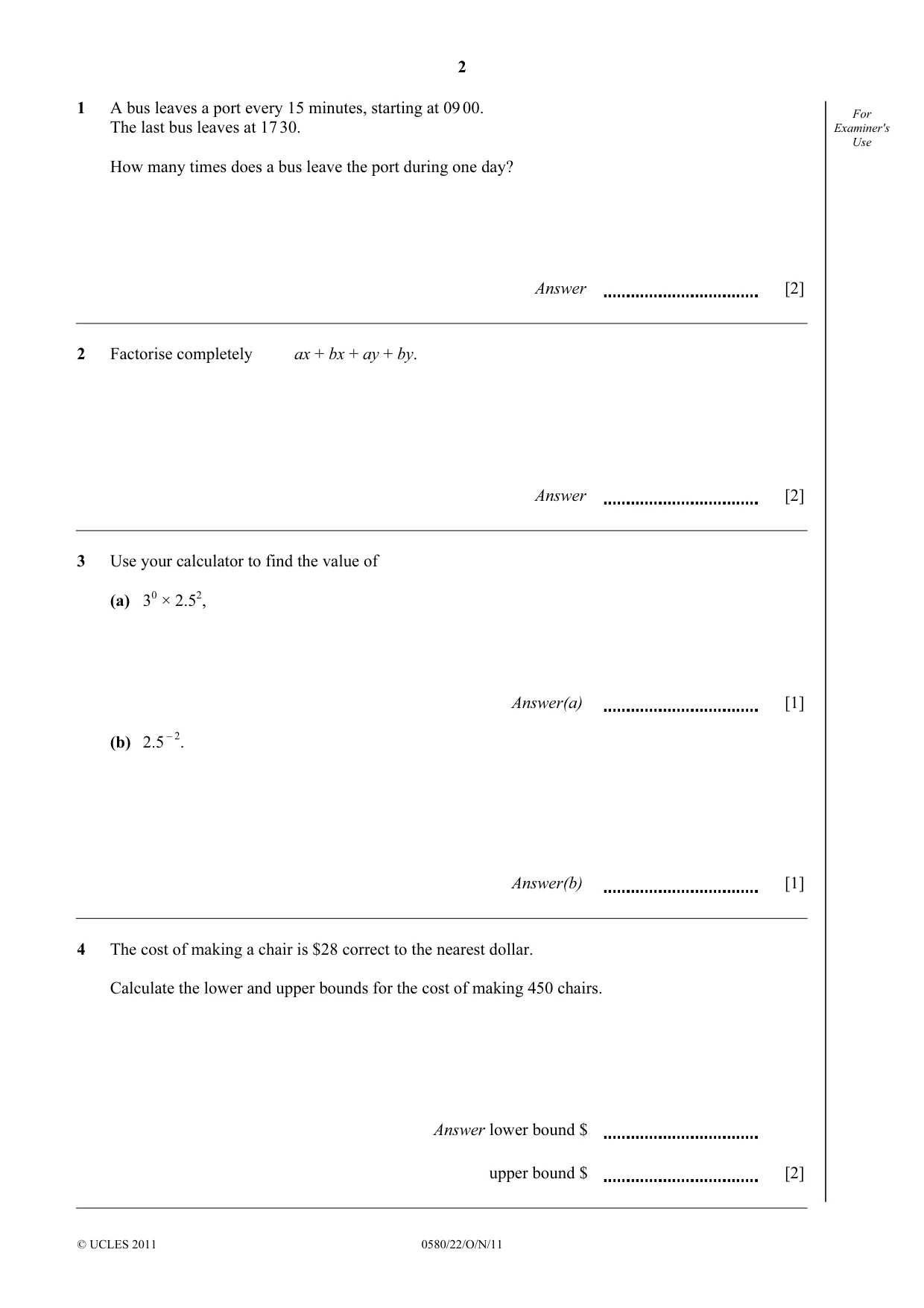 Cambridge IGCSE Mathematics 0580 2011 Oct/Nov Paper 2 · Variant 2 question paper, page 2 of 12