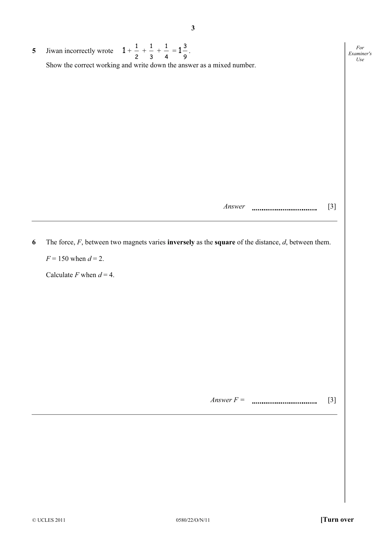 Cambridge IGCSE Mathematics 0580 2011 Oct/Nov Paper 2 · Variant 2 question paper, page 3 of 12