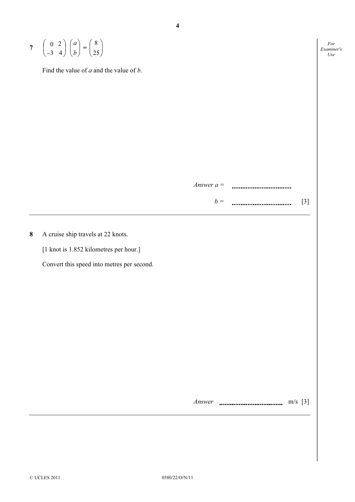 Cambridge IGCSE Mathematics 0580 2011 Oct/Nov Paper 2 · Variant 2 question paper, page 4 of 12