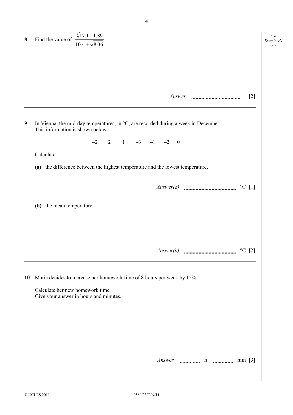 Cambridge IGCSE Mathematics 0580 2011 Oct/Nov Paper 2 · Variant 3 question paper, page 4 of 12