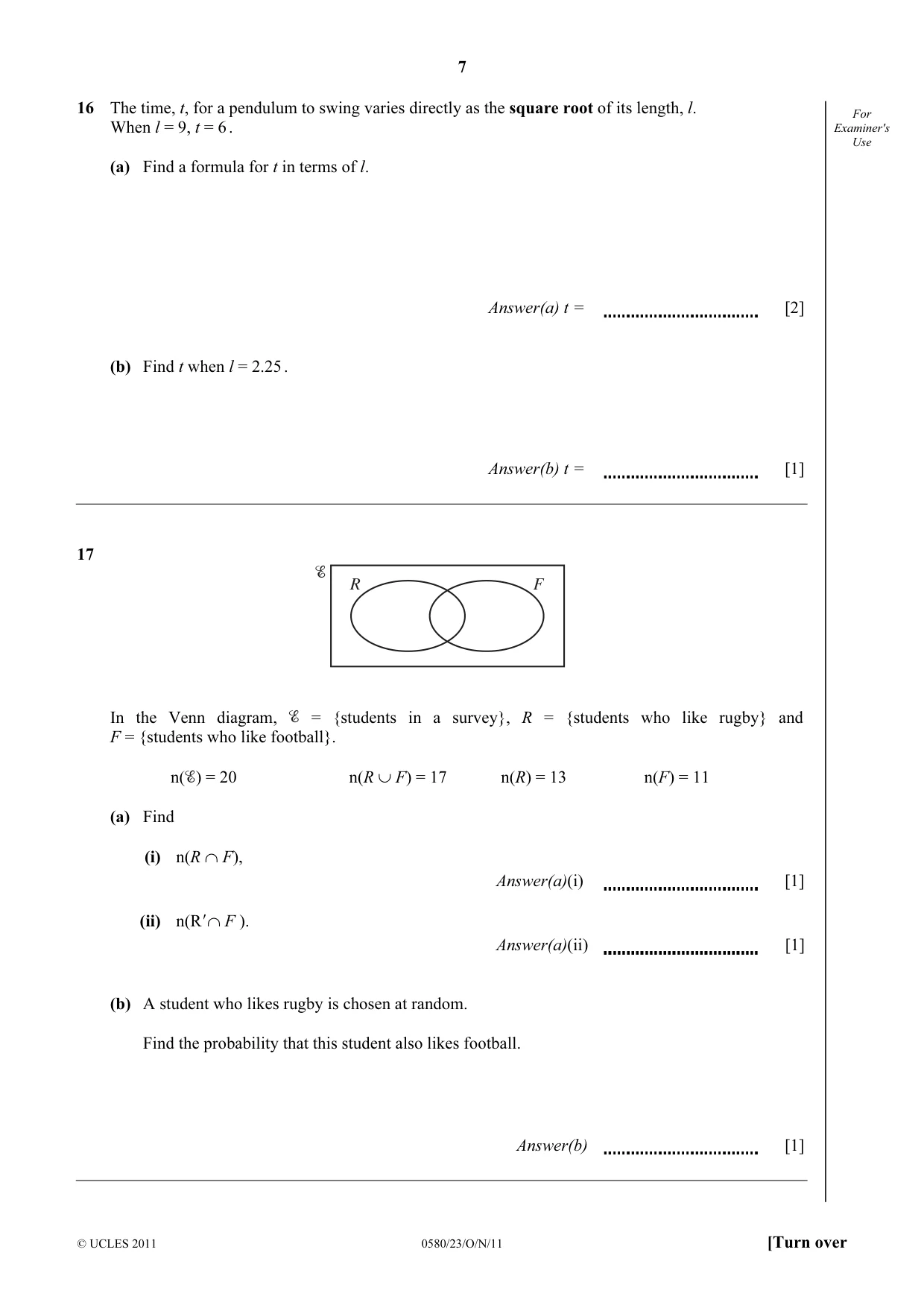 Cambridge IGCSE Mathematics 0580 2011 Oct/Nov Paper 2 · Variant 3 question paper, page 7 of 12
