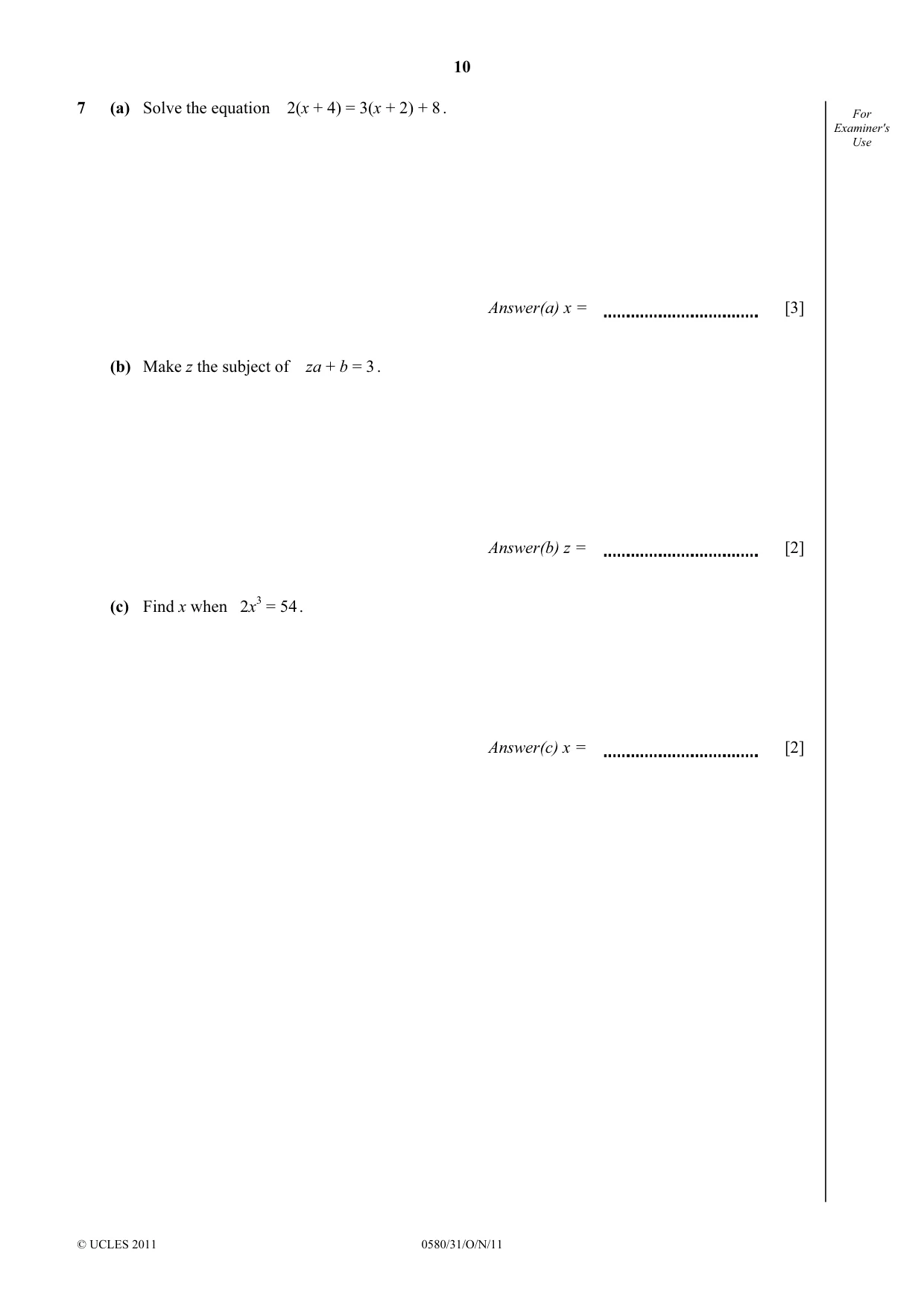 Cambridge IGCSE Mathematics 0580 2011 Oct/Nov Paper 3 · Variant 1 question paper, page 10 of 16