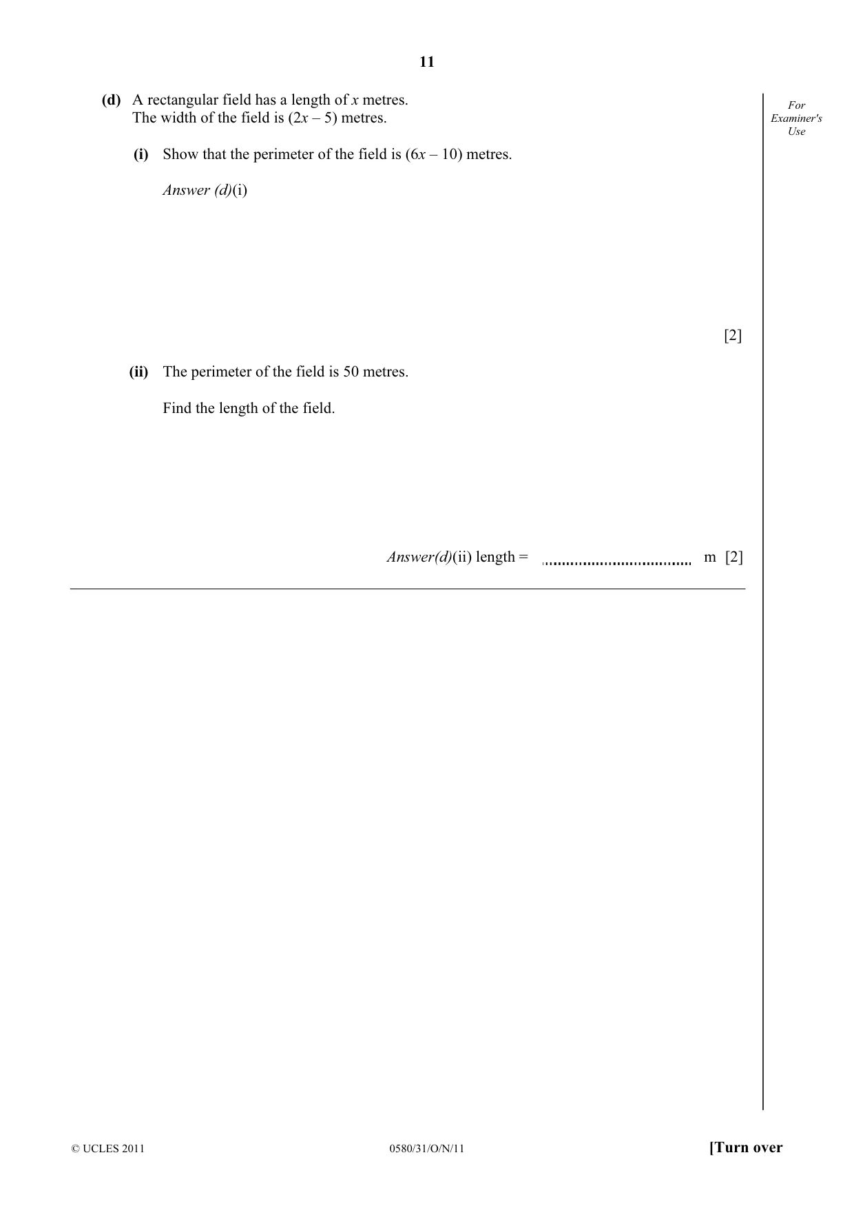 Cambridge IGCSE Mathematics 0580 2011 Oct/Nov Paper 3 · Variant 1 question paper, page 11 of 16