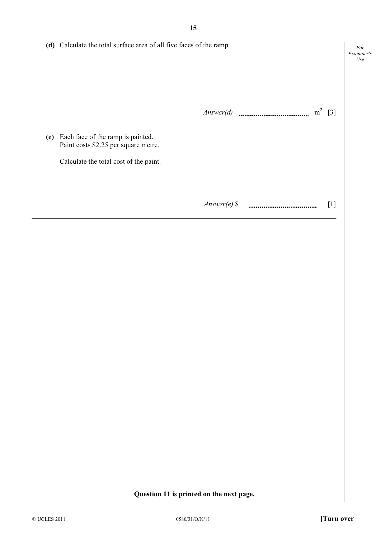 Cambridge IGCSE Mathematics 0580 2011 Oct/Nov Paper 3 · Variant 1 question paper, page 15 of 16