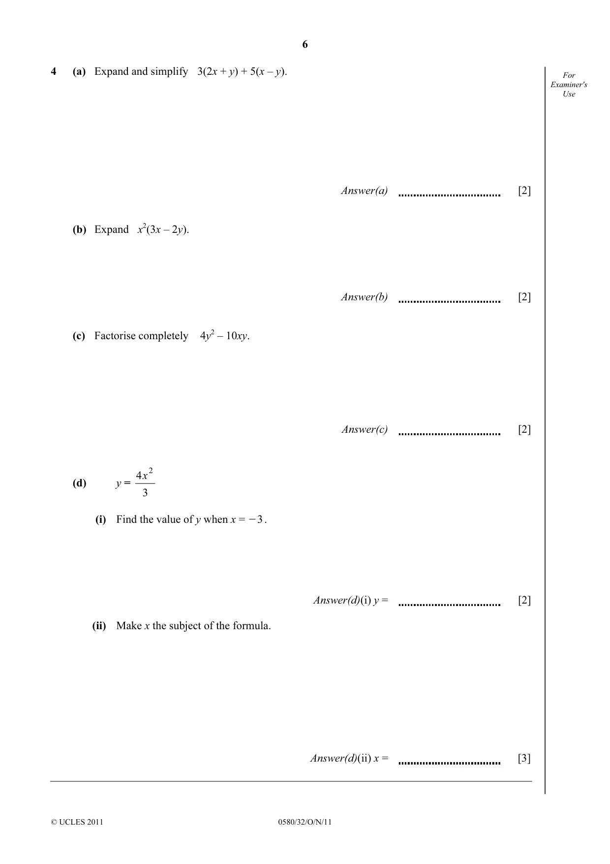Cambridge IGCSE Mathematics 0580 2011 Oct/Nov Paper 3 · Variant 2 question paper, page 6 of 16