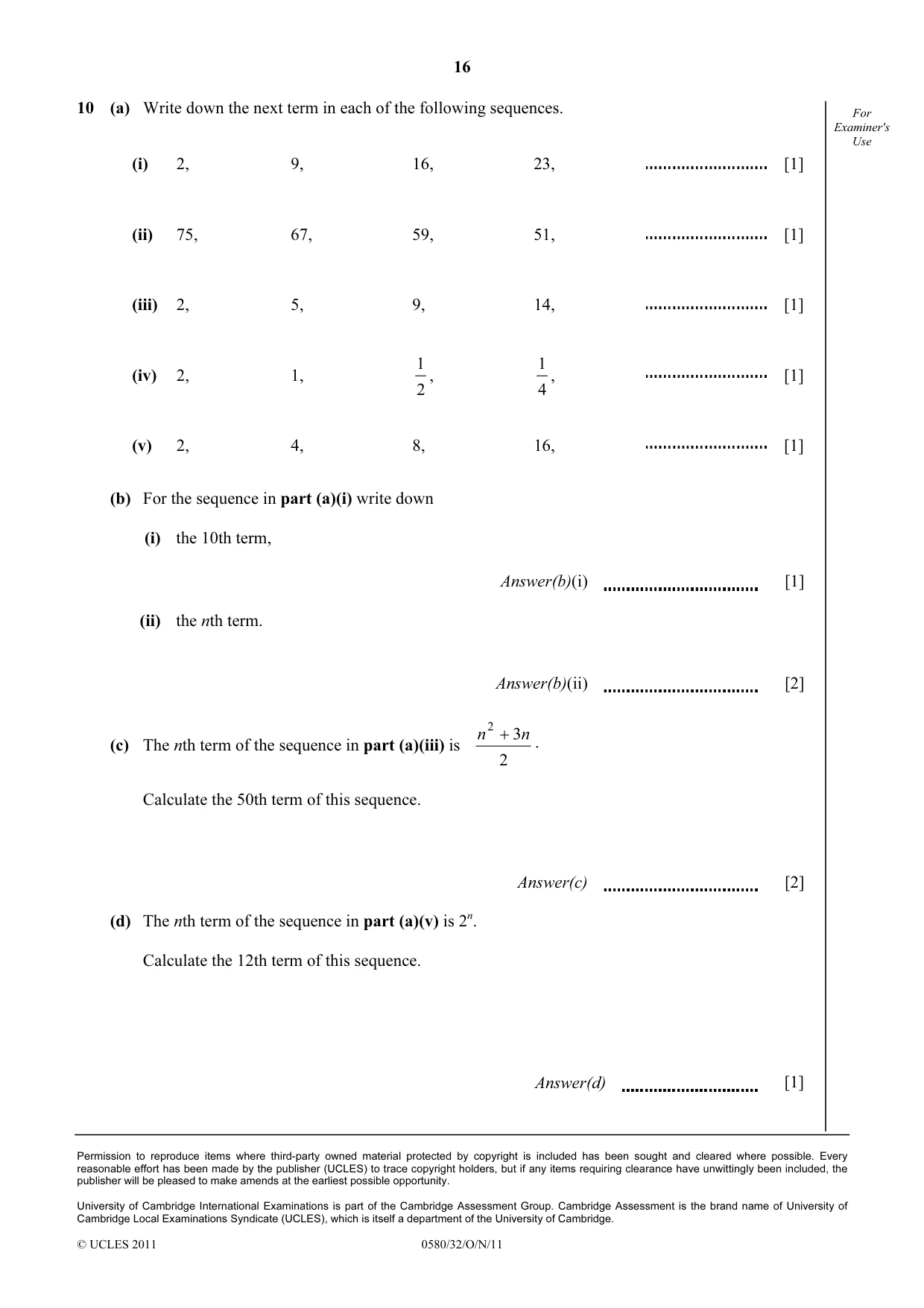 Cambridge IGCSE Mathematics 0580 2011 Oct/Nov Paper 3 · Variant 2 question paper, page 16 of 16