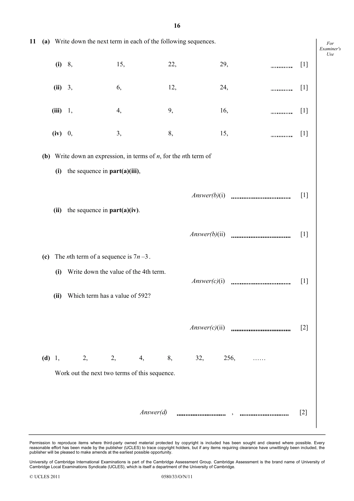 Cambridge IGCSE Mathematics 0580 2011 Oct/Nov Paper 3 · Variant 3 question paper, page 16 of 16