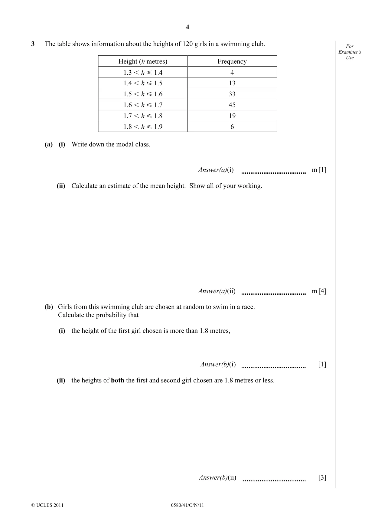 Cambridge IGCSE Mathematics 0580 2011 Oct/Nov Paper 4 · Variant 1 question paper, page 4 of 16
