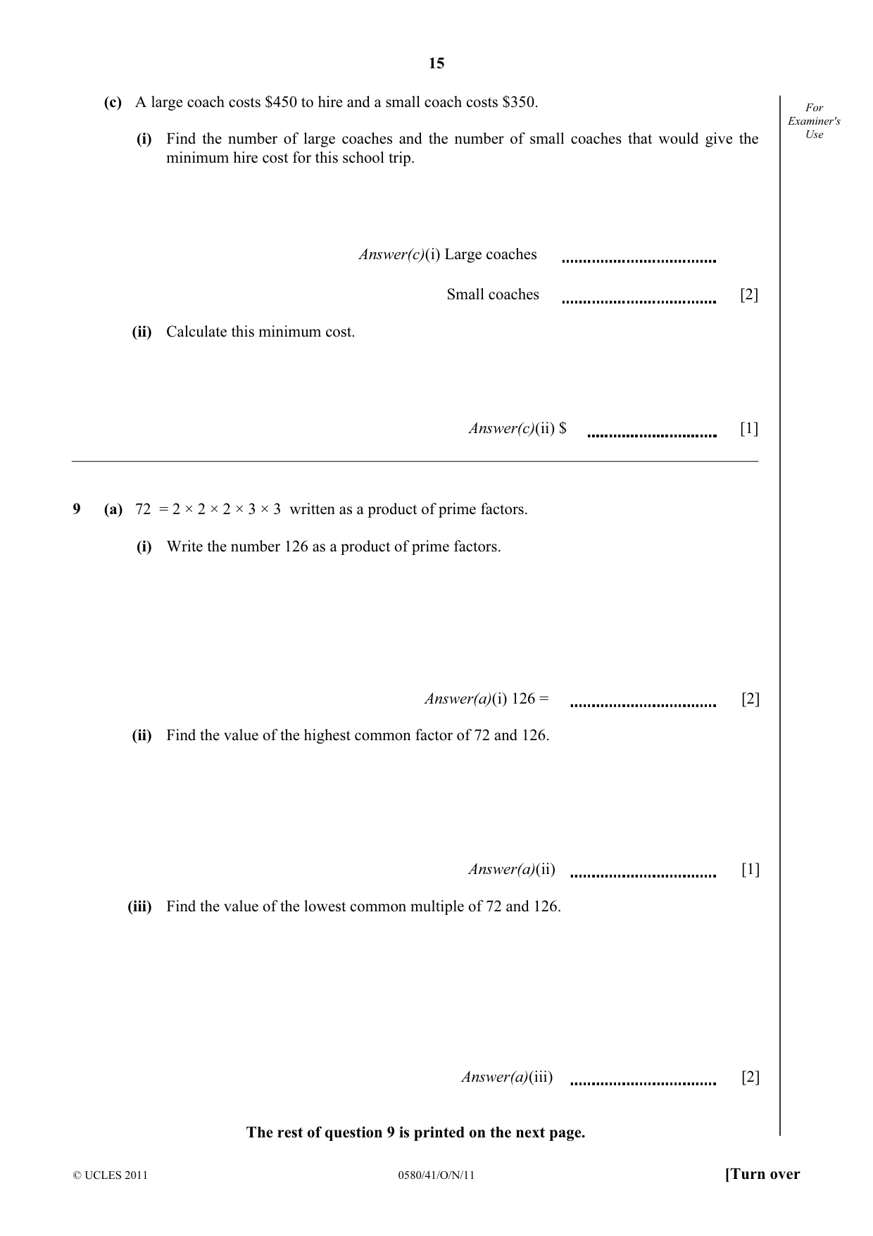 Cambridge IGCSE Mathematics 0580 2011 Oct/Nov Paper 4 · Variant 1 question paper, page 15 of 16