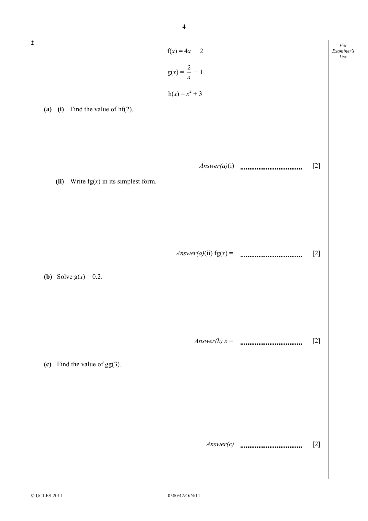 Cambridge IGCSE Mathematics 0580 2011 Oct/Nov Paper 4 · Variant 2 question paper, page 4 of 20
