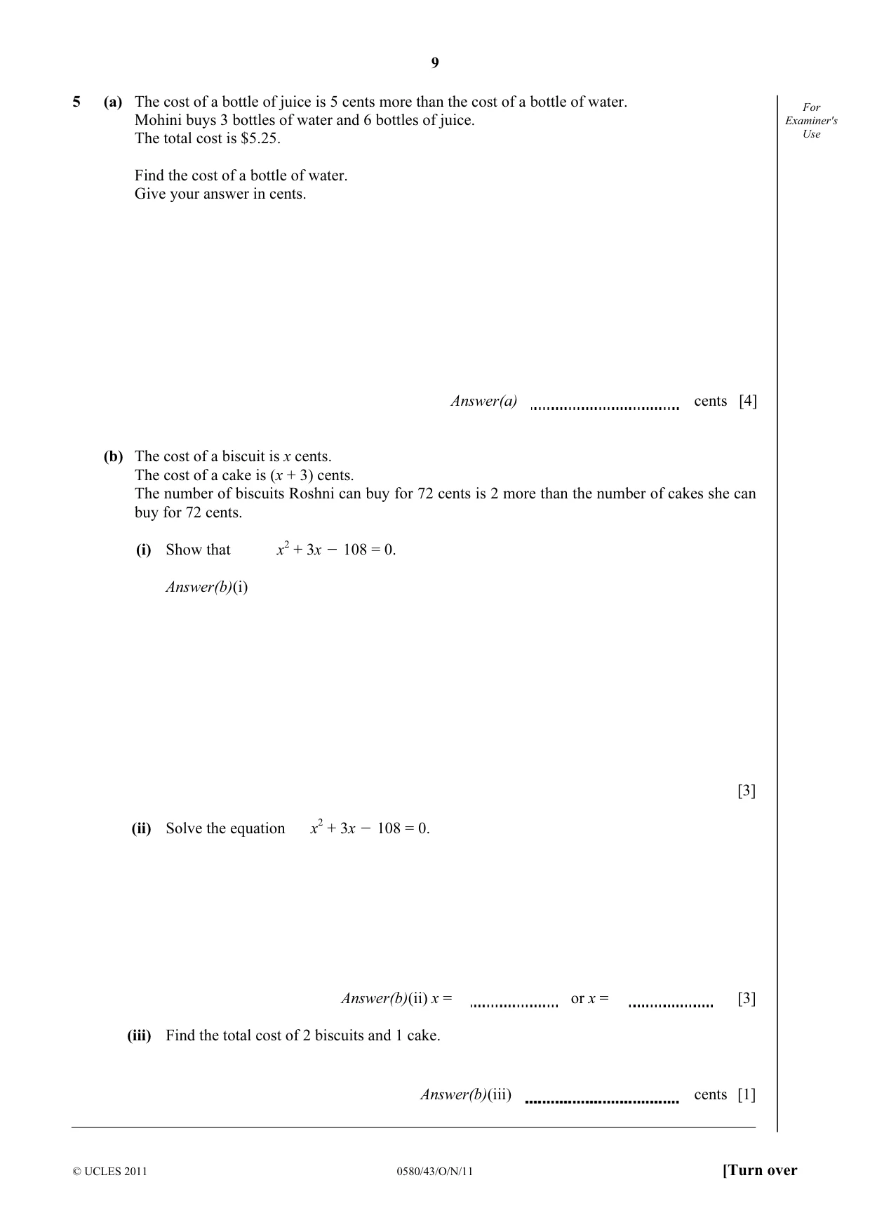 Cambridge IGCSE Mathematics 0580 2011 Oct/Nov Paper 4 · Variant 3 question paper, page 9 of 20
