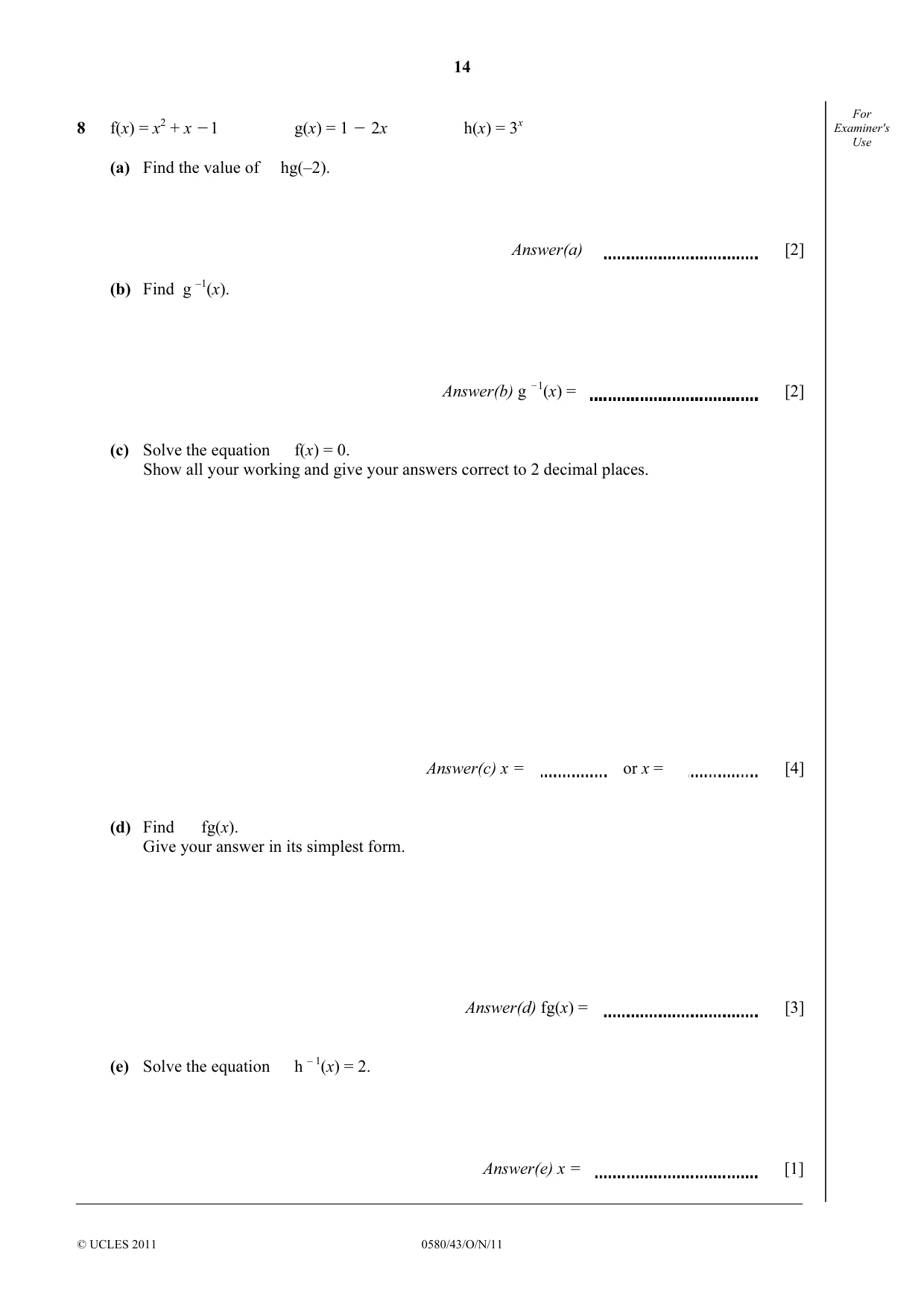 Cambridge IGCSE Mathematics 0580 2011 Oct/Nov Paper 4 · Variant 3 question paper, page 14 of 20