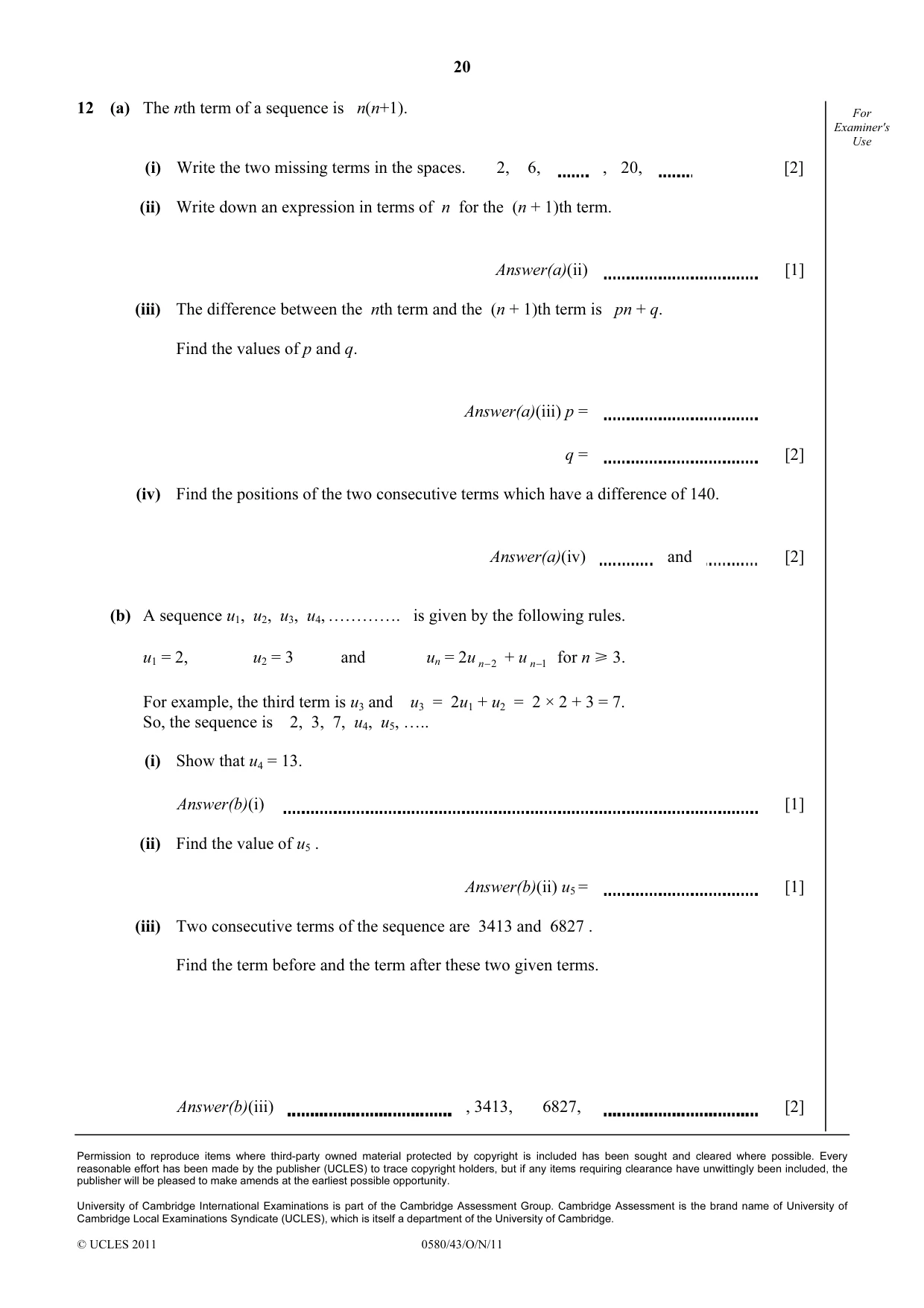 Cambridge IGCSE Mathematics 0580 2011 Oct/Nov Paper 4 · Variant 3 question paper, page 20 of 20