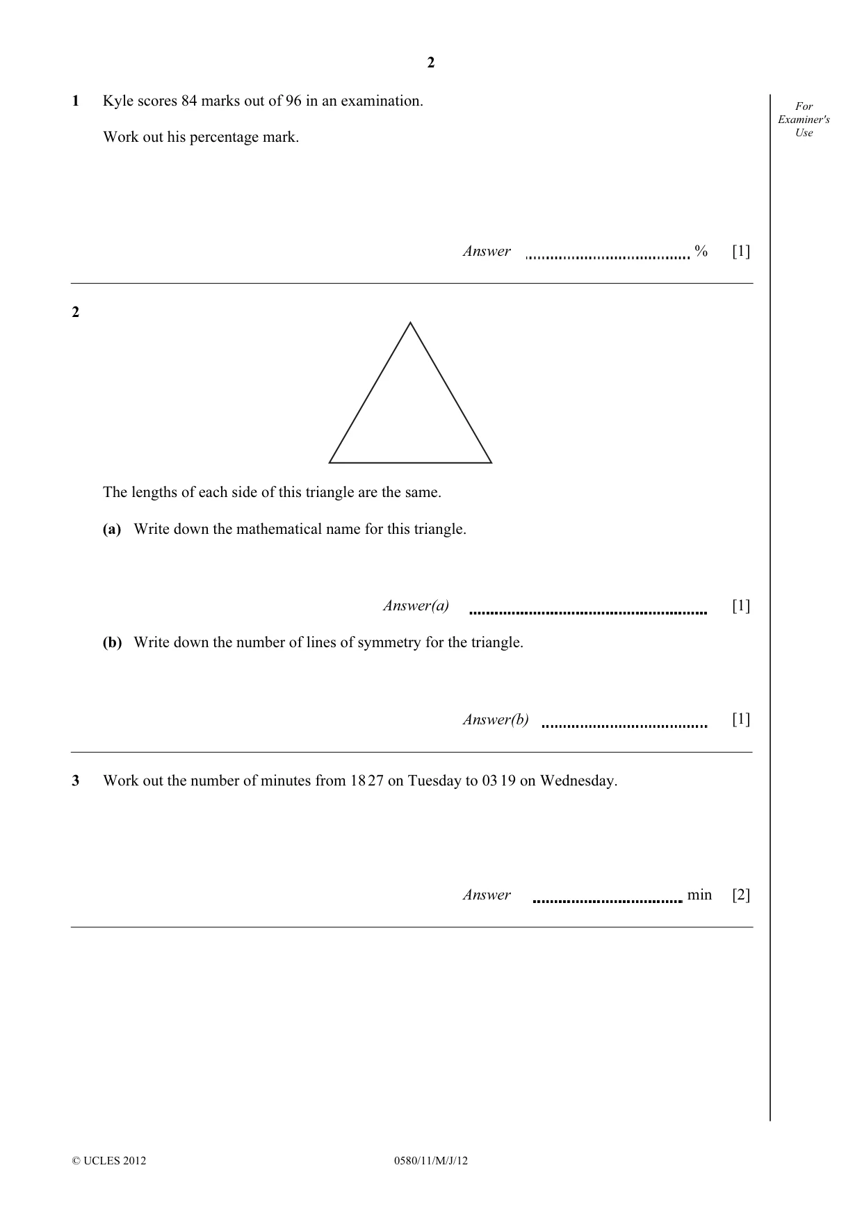 Cambridge IGCSE Mathematics 0580 2012 May/June Paper 1 · Variant 1 question paper, page 2 of 12